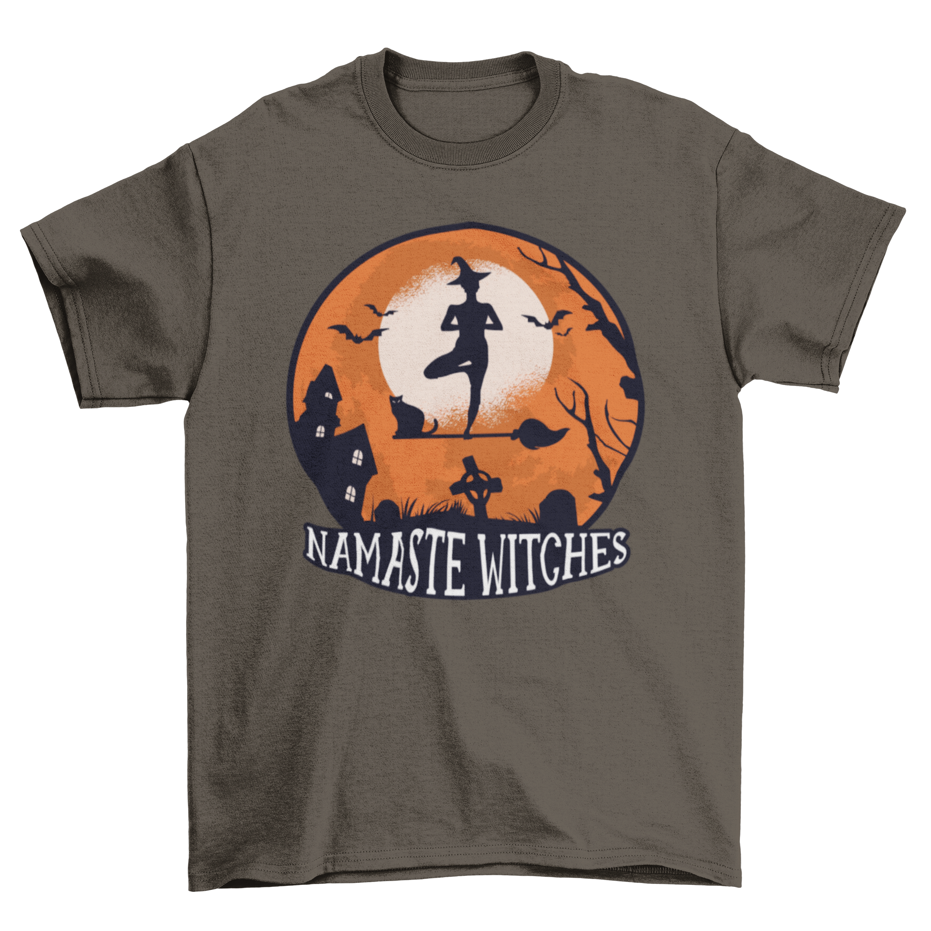 A Halloween-themed t-shirt featuring a witch practicing yoga on a broom with the quote 'NAMASTE WITCHES'.