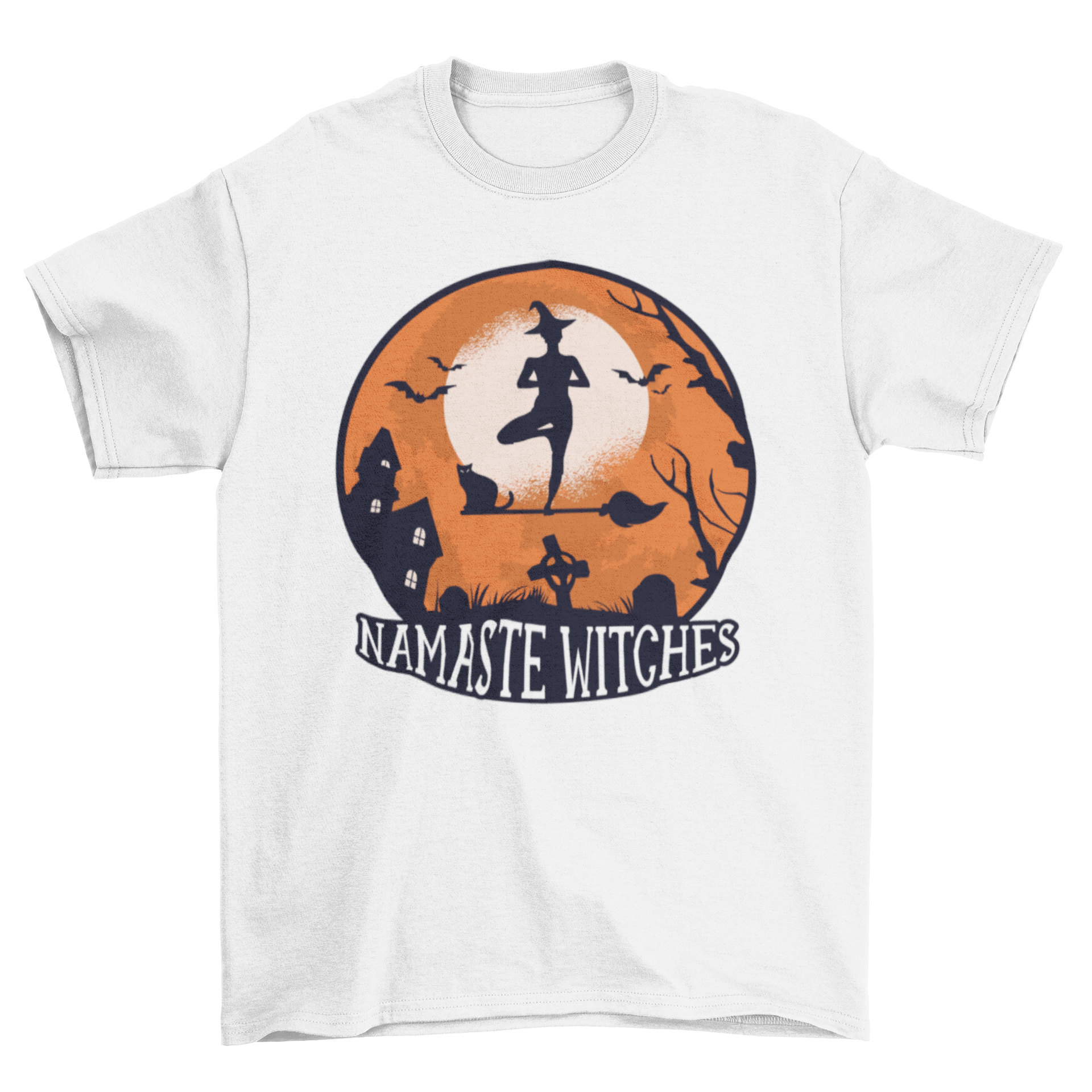 A Halloween-themed t-shirt featuring a witch practicing yoga on a broom with the quote 'NAMASTE WITCHES'.