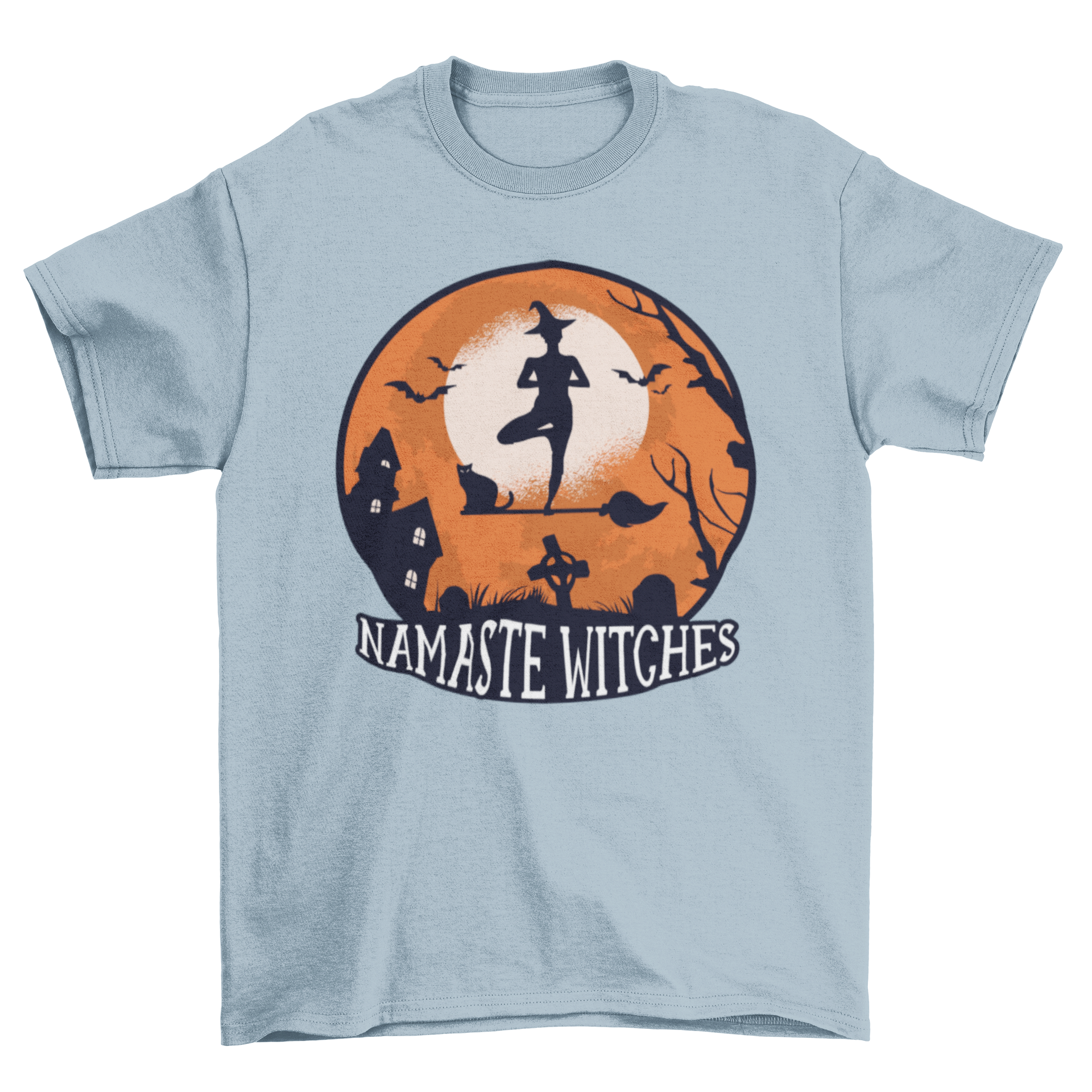 A Halloween-themed t-shirt featuring a witch practicing yoga on a broom with the quote 'NAMASTE WITCHES'.