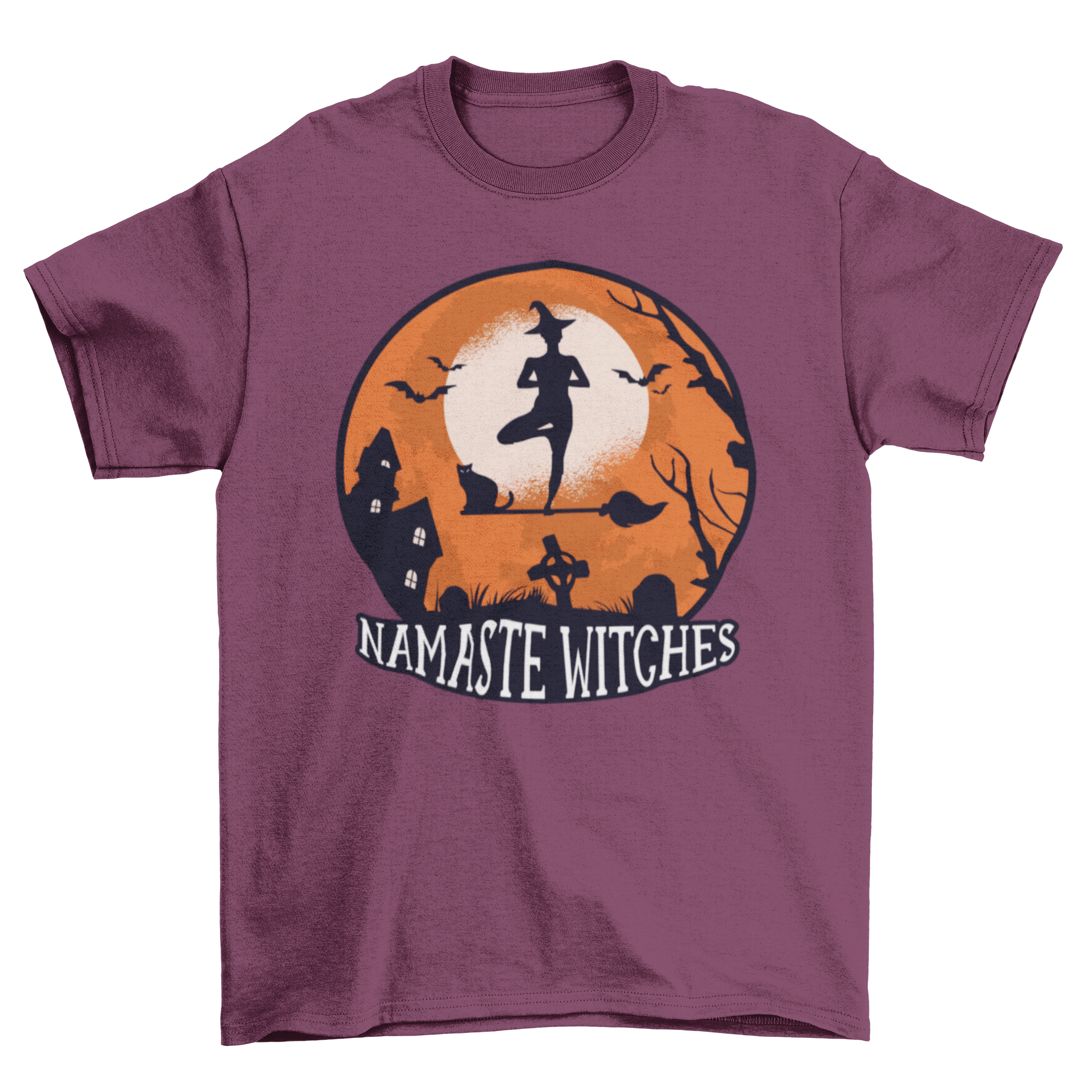 A Halloween-themed t-shirt featuring a witch practicing yoga on a broom with the quote 'NAMASTE WITCHES'.