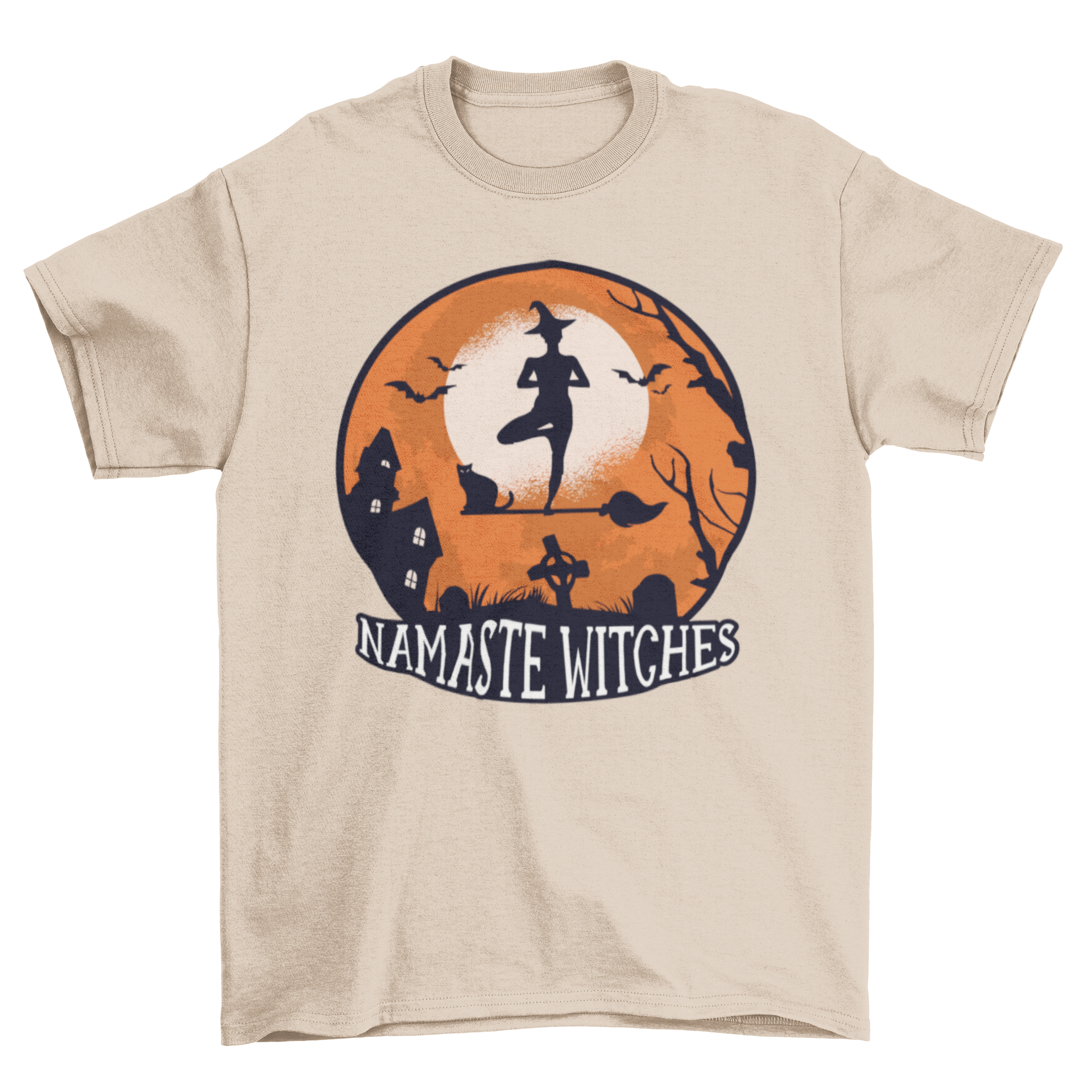 A Halloween-themed t-shirt featuring a witch practicing yoga on a broom with the quote 'NAMASTE WITCHES'.