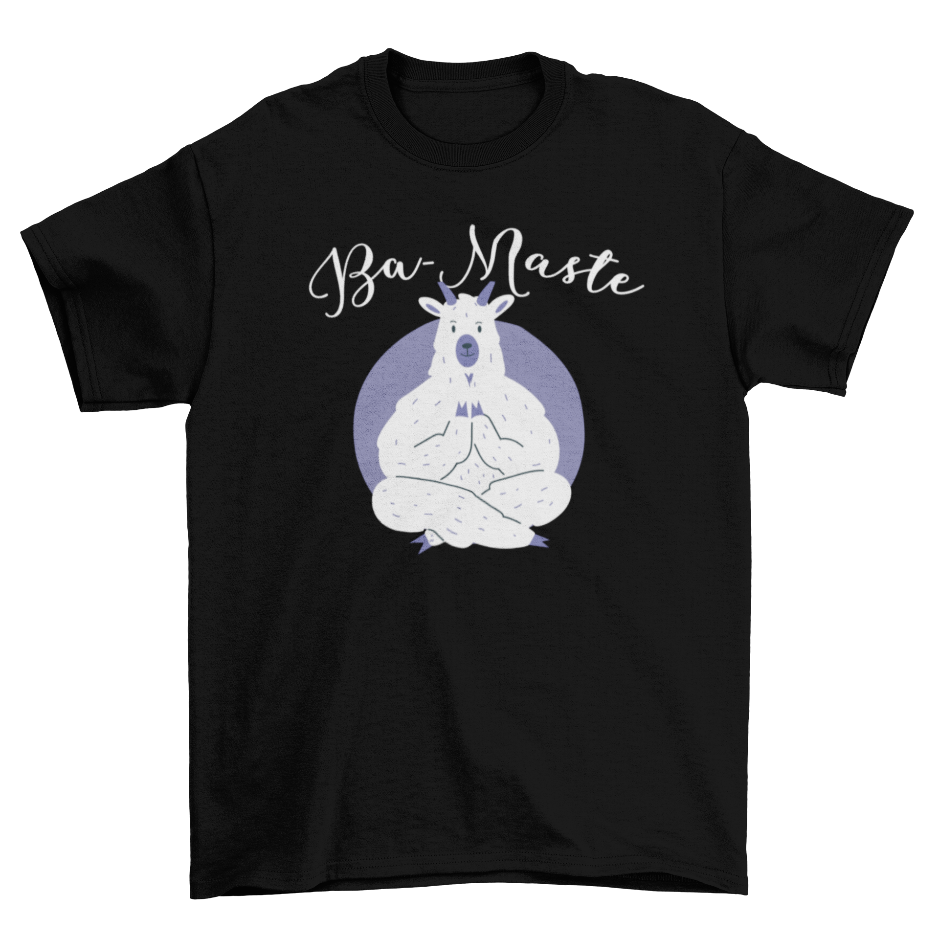 A colorful illustration of a llama in a yoga pose with the text 'Ba Maste' above it, perfect for t-shirts and other merchandise.