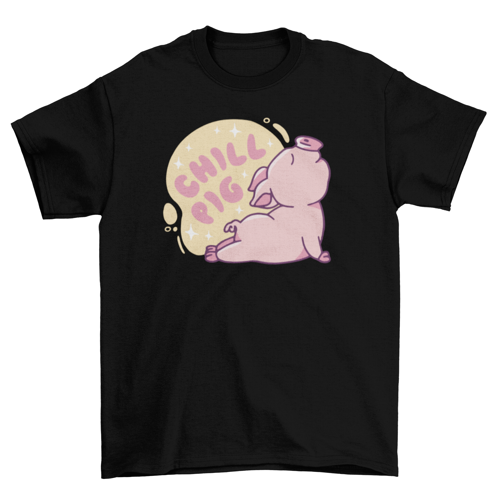 A cute t-shirt featuring a pig doing a yoga pose with sparkles and the quote 'Chill pig'.