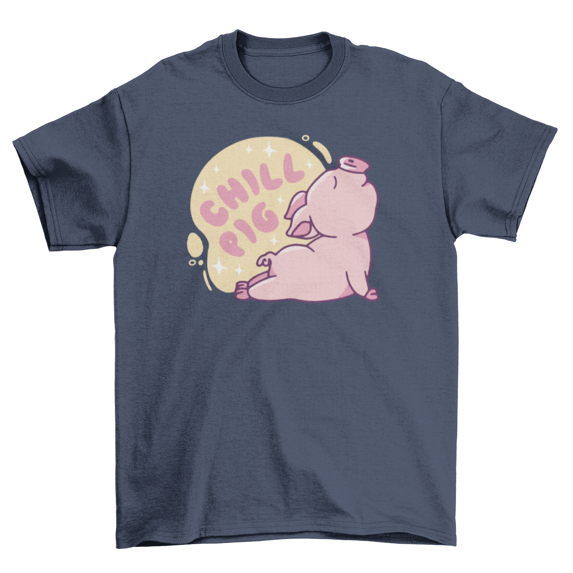 A cute t-shirt featuring a pig doing a yoga pose with sparkles and the quote 'Chill pig'.