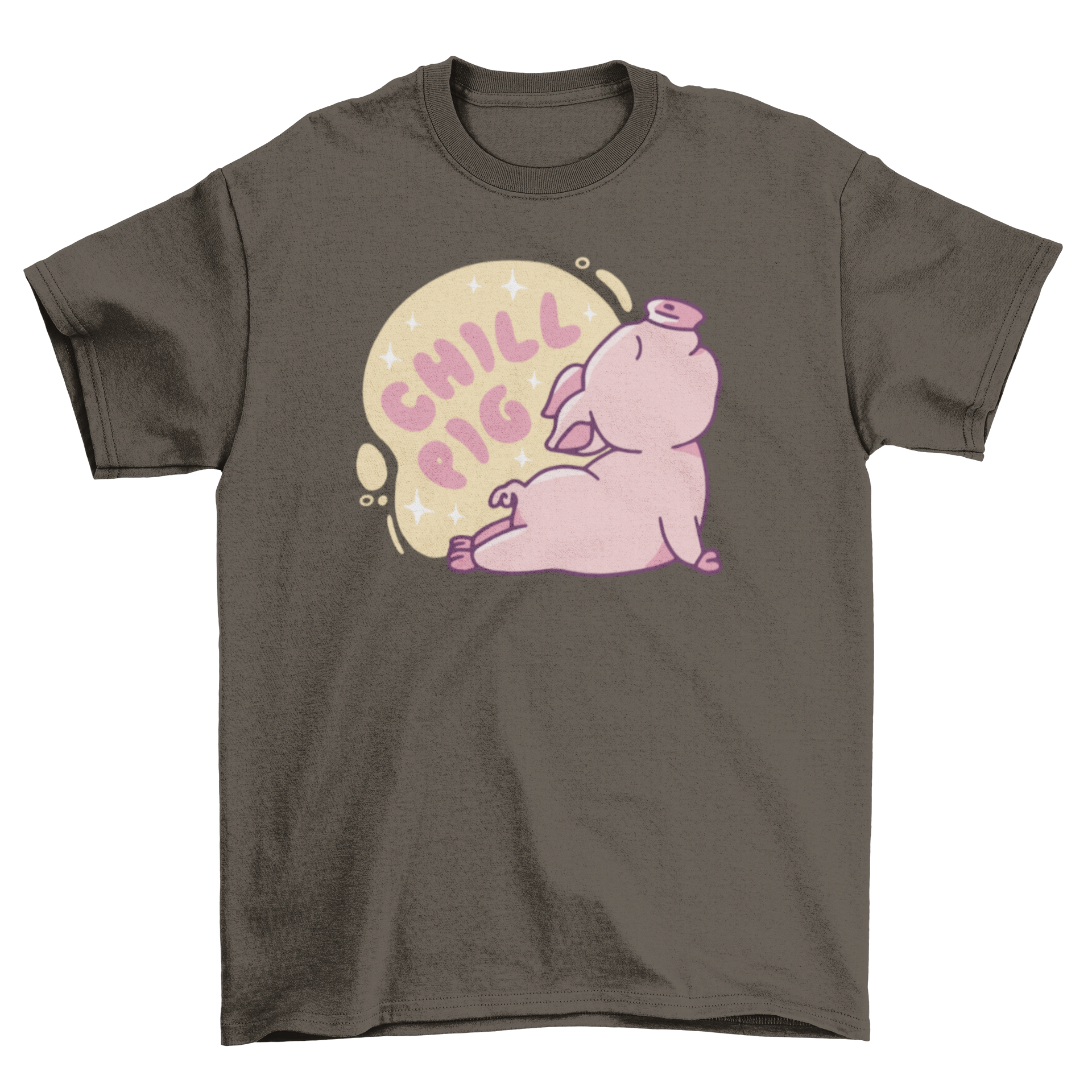 A cute t-shirt featuring a pig doing a yoga pose with sparkles and the quote 'Chill pig'.