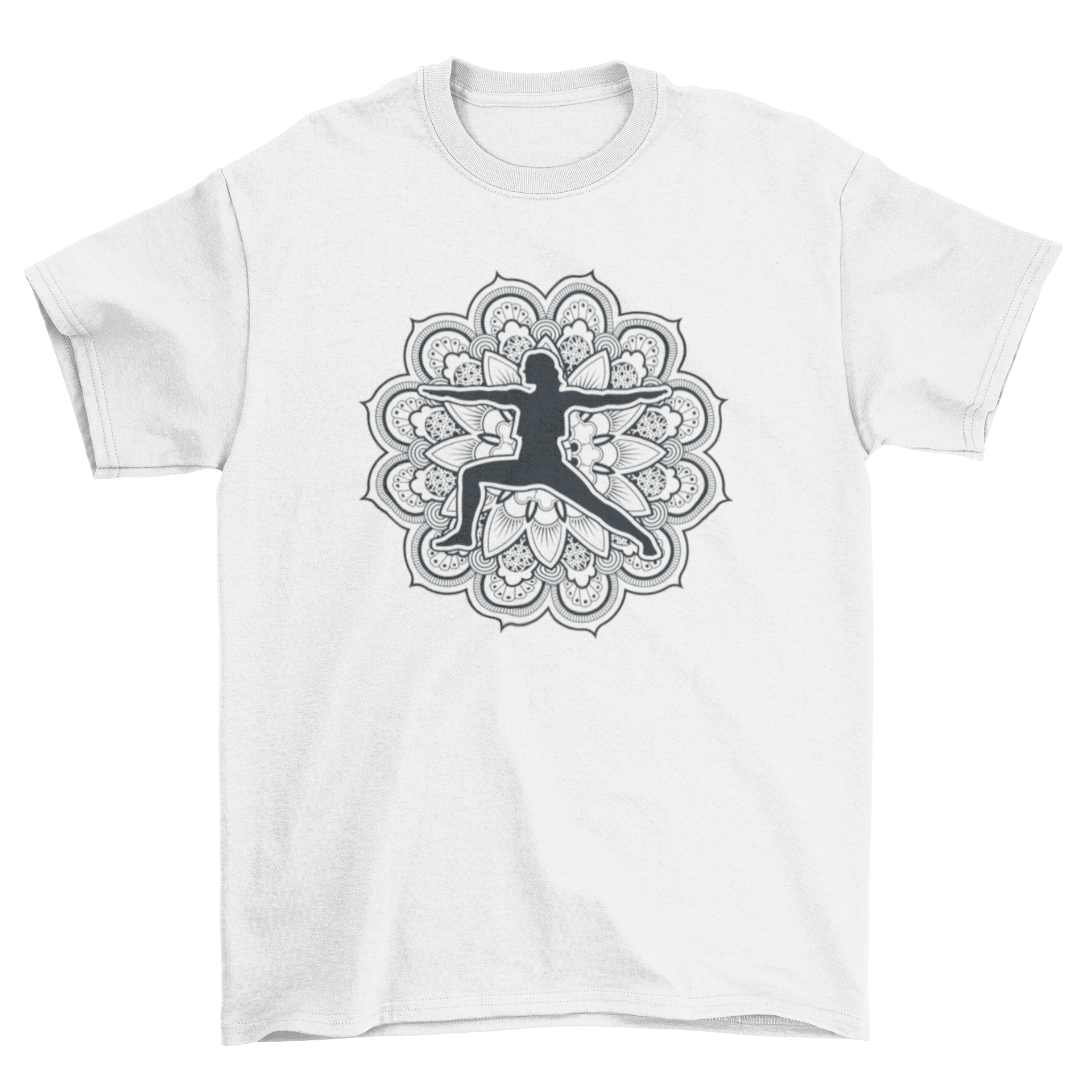 A stylish t-shirt featuring a mandala design with a silhouette of a woman performing a yoga pose, perfect for yoga enthusiasts.