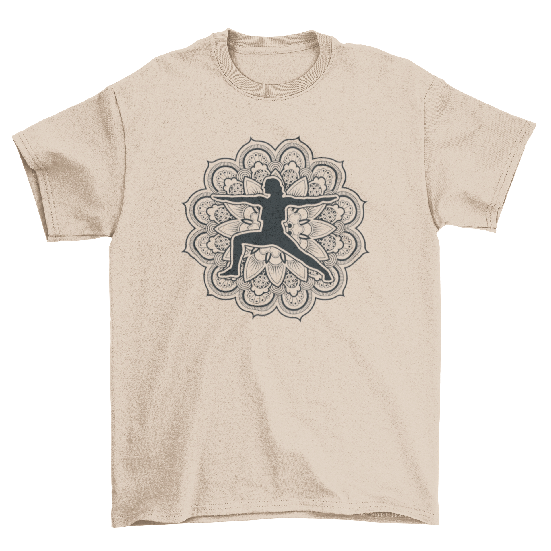 A stylish t-shirt featuring a mandala design with a silhouette of a woman performing a yoga pose, perfect for yoga enthusiasts.