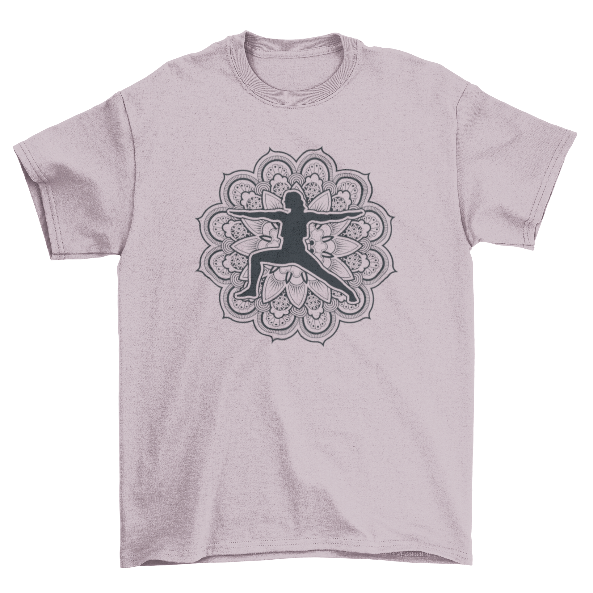 A stylish t-shirt featuring a mandala design with a silhouette of a woman performing a yoga pose, perfect for yoga enthusiasts.