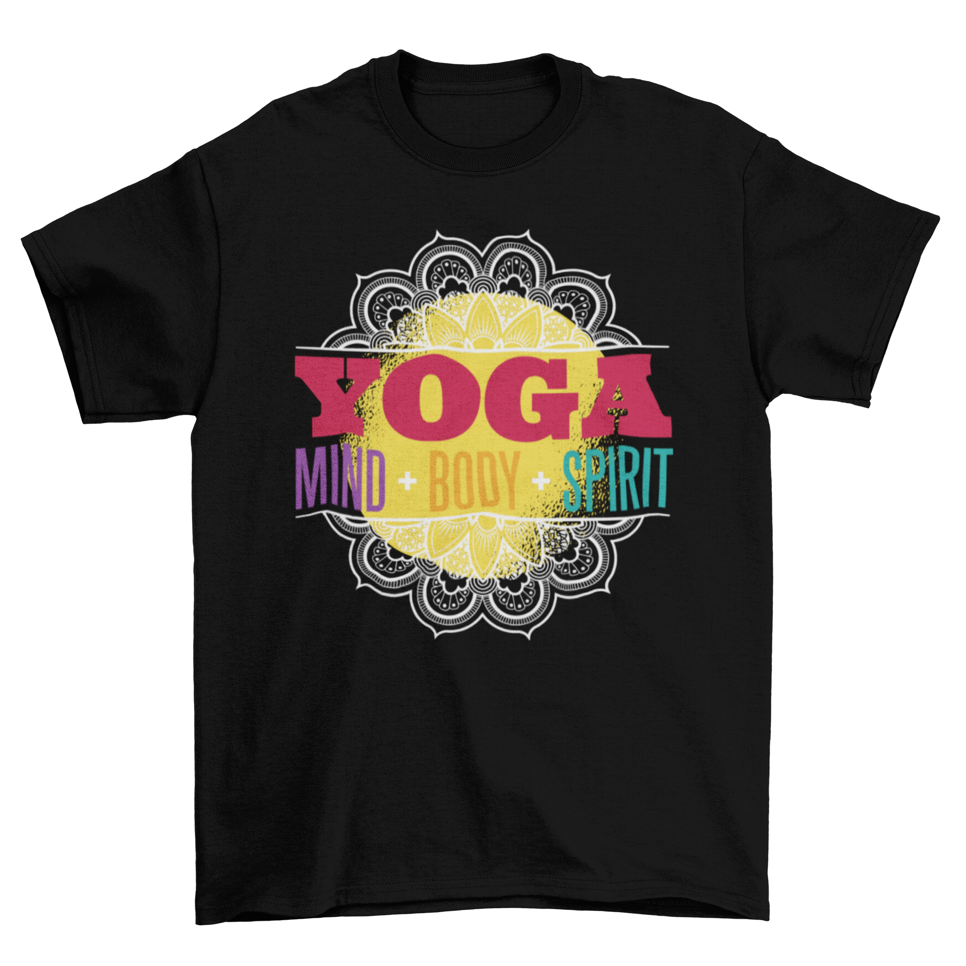 Yoga Quote T-Shirt featuring the words 'Yoga' and 'Mind + Body + Spirit' in a stylish design.