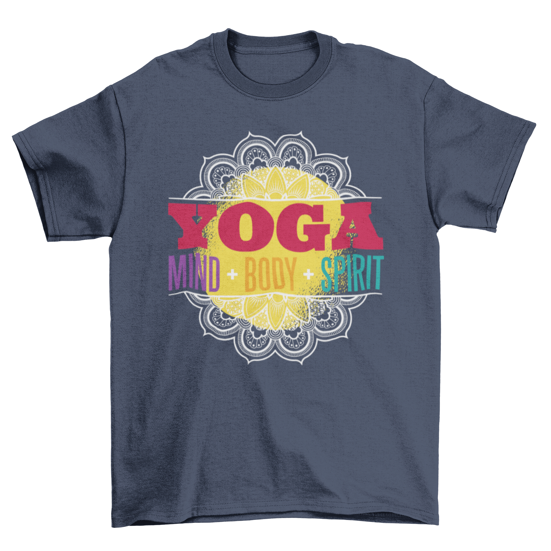 Yoga Quote T-Shirt featuring the words 'Yoga' and 'Mind + Body + Spirit' in a stylish design.