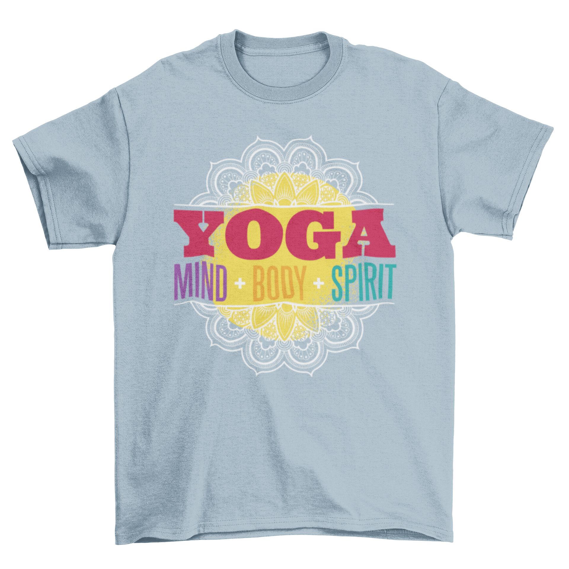 Yoga Quote T-Shirt featuring the words 'Yoga' and 'Mind + Body + Spirit' in a stylish design.