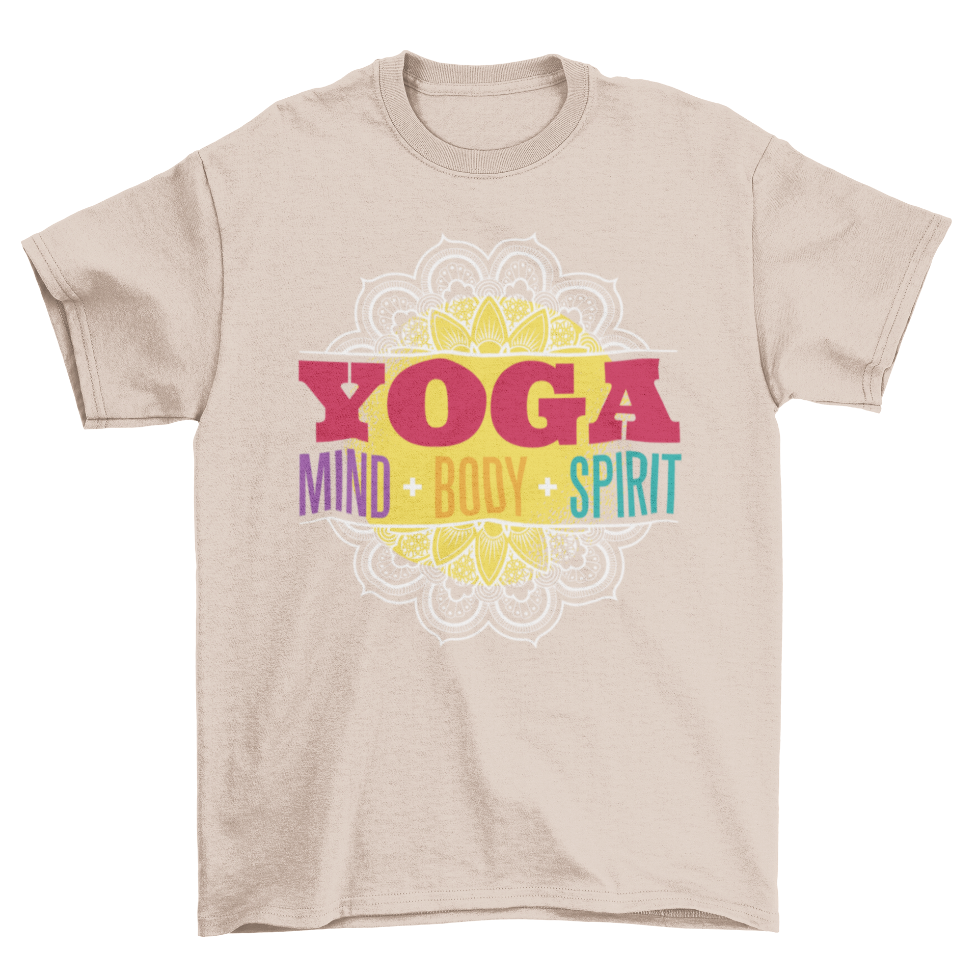 Yoga Quote T-Shirt featuring the words 'Yoga' and 'Mind + Body + Spirit' in a stylish design.