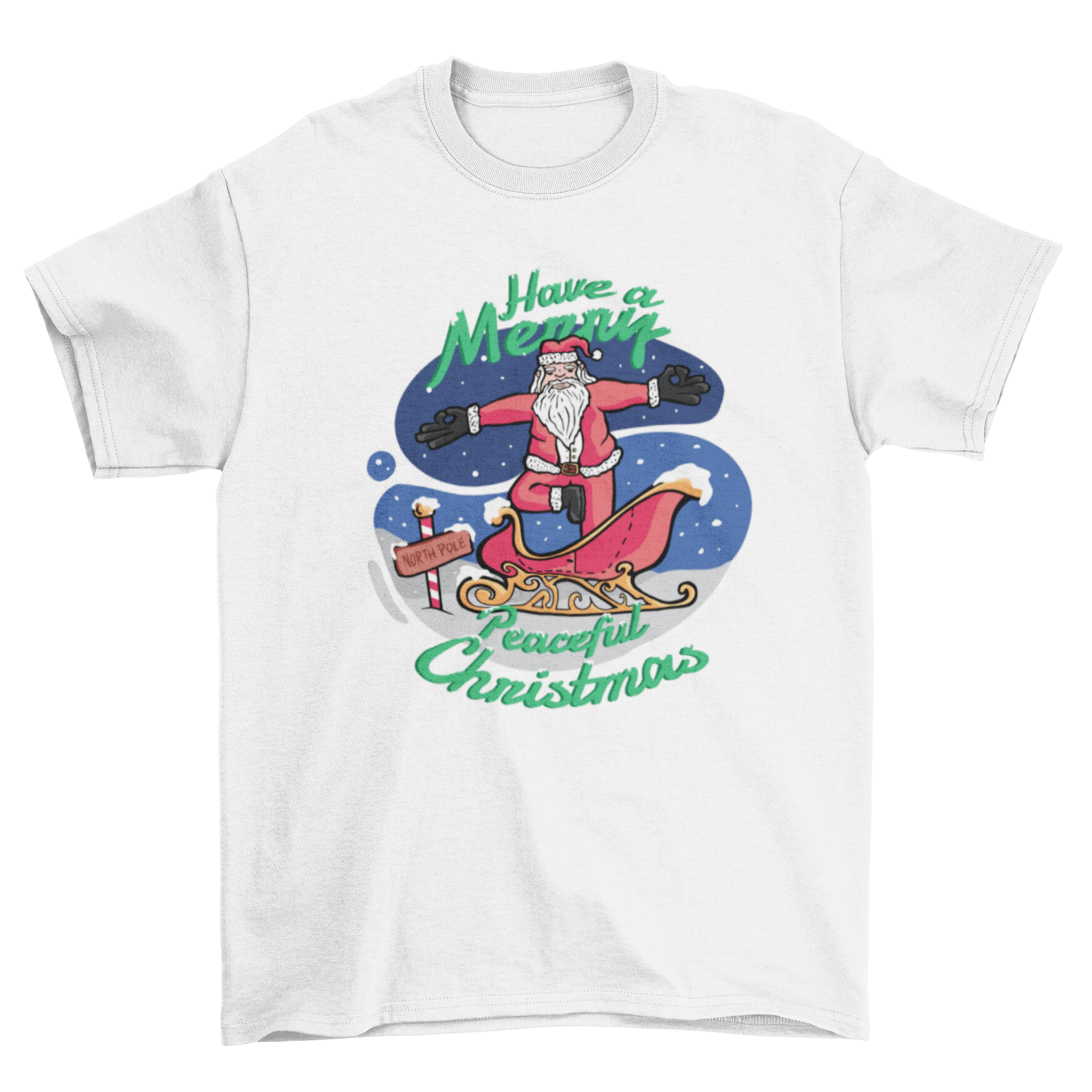 A festive t-shirt featuring Santa Claus in a yoga pose with the text 'Have a merry peaceful Christmas'.