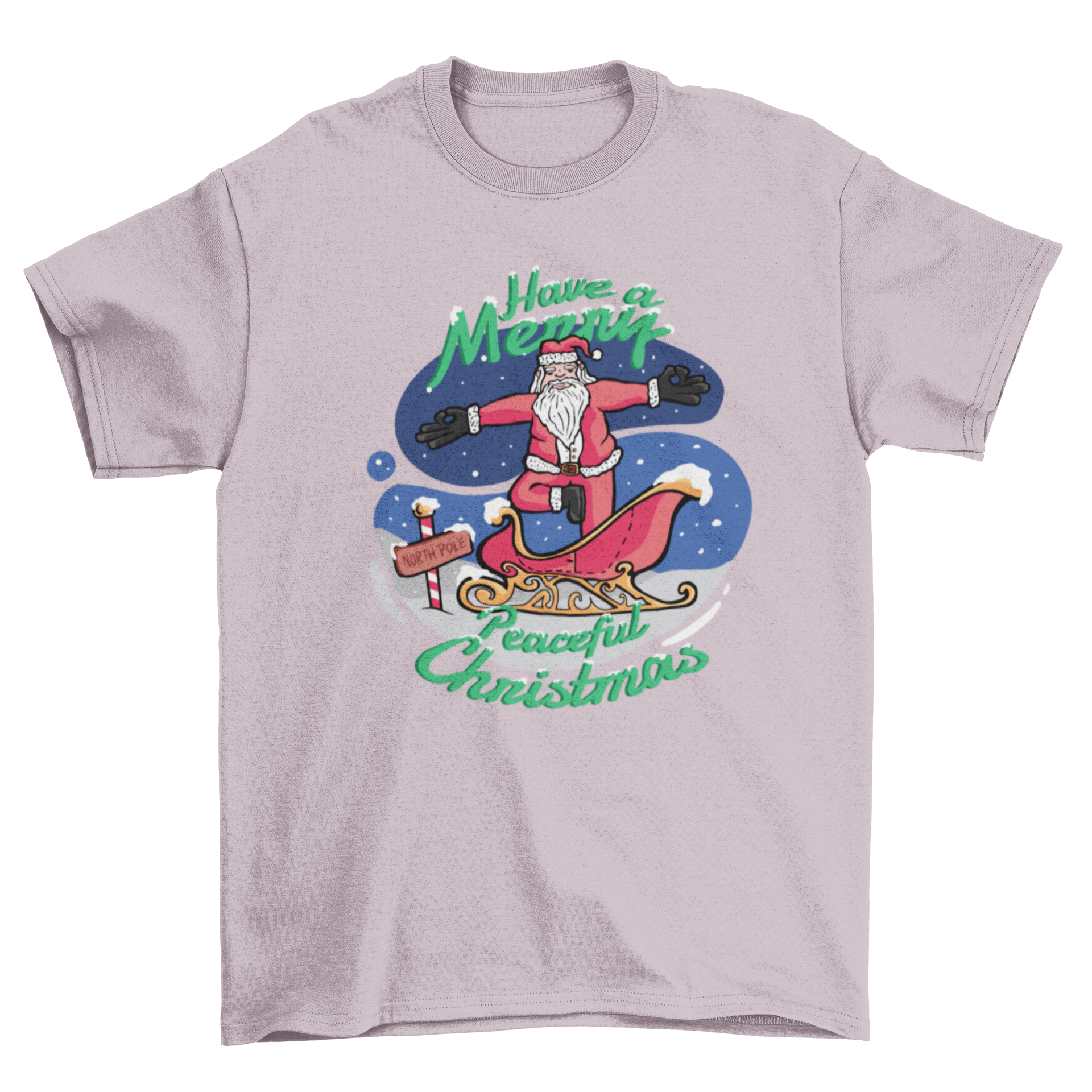 A festive t-shirt featuring Santa Claus in a yoga pose with the text 'Have a merry peaceful Christmas'.