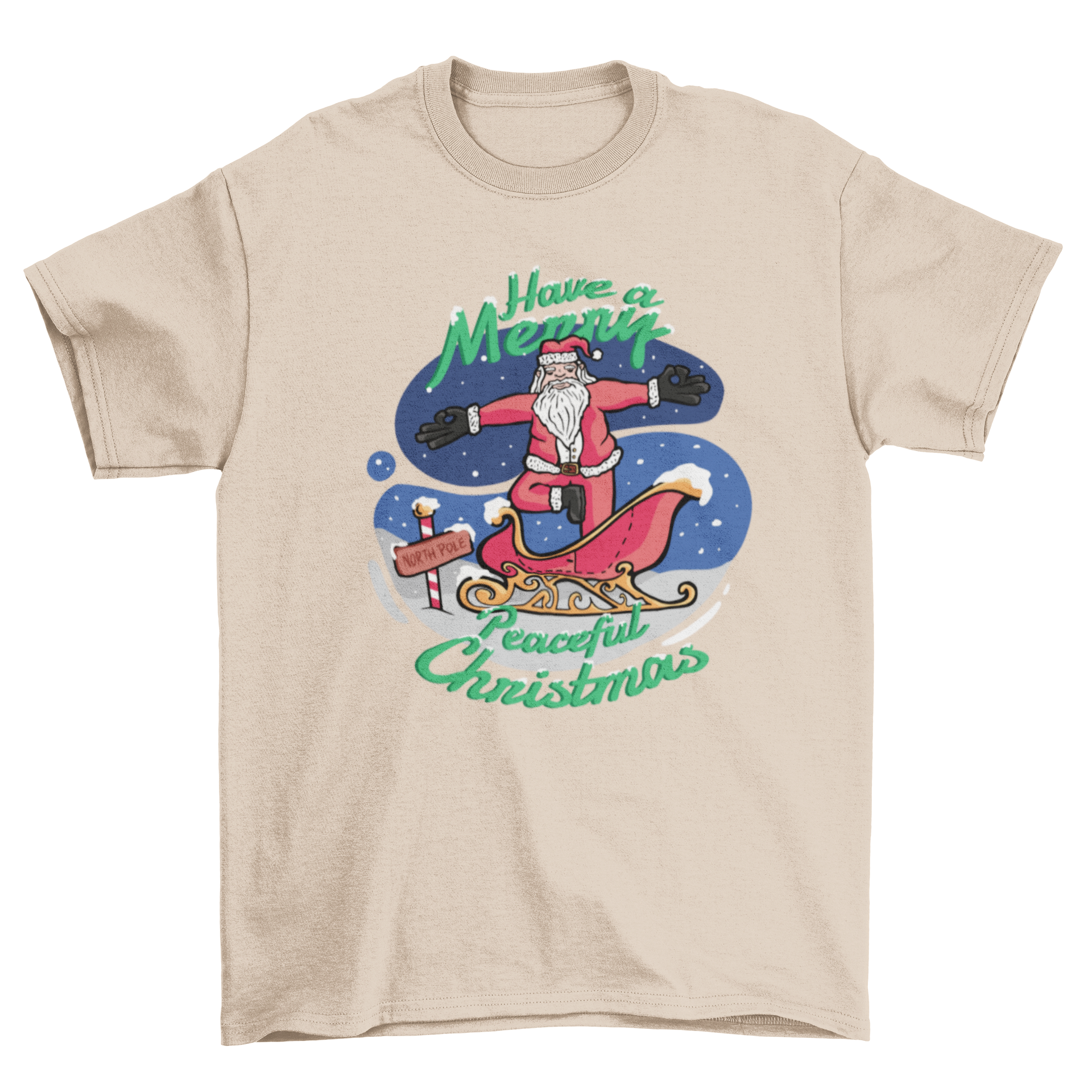 A festive t-shirt featuring Santa Claus in a yoga pose with the text 'Have a merry peaceful Christmas'.