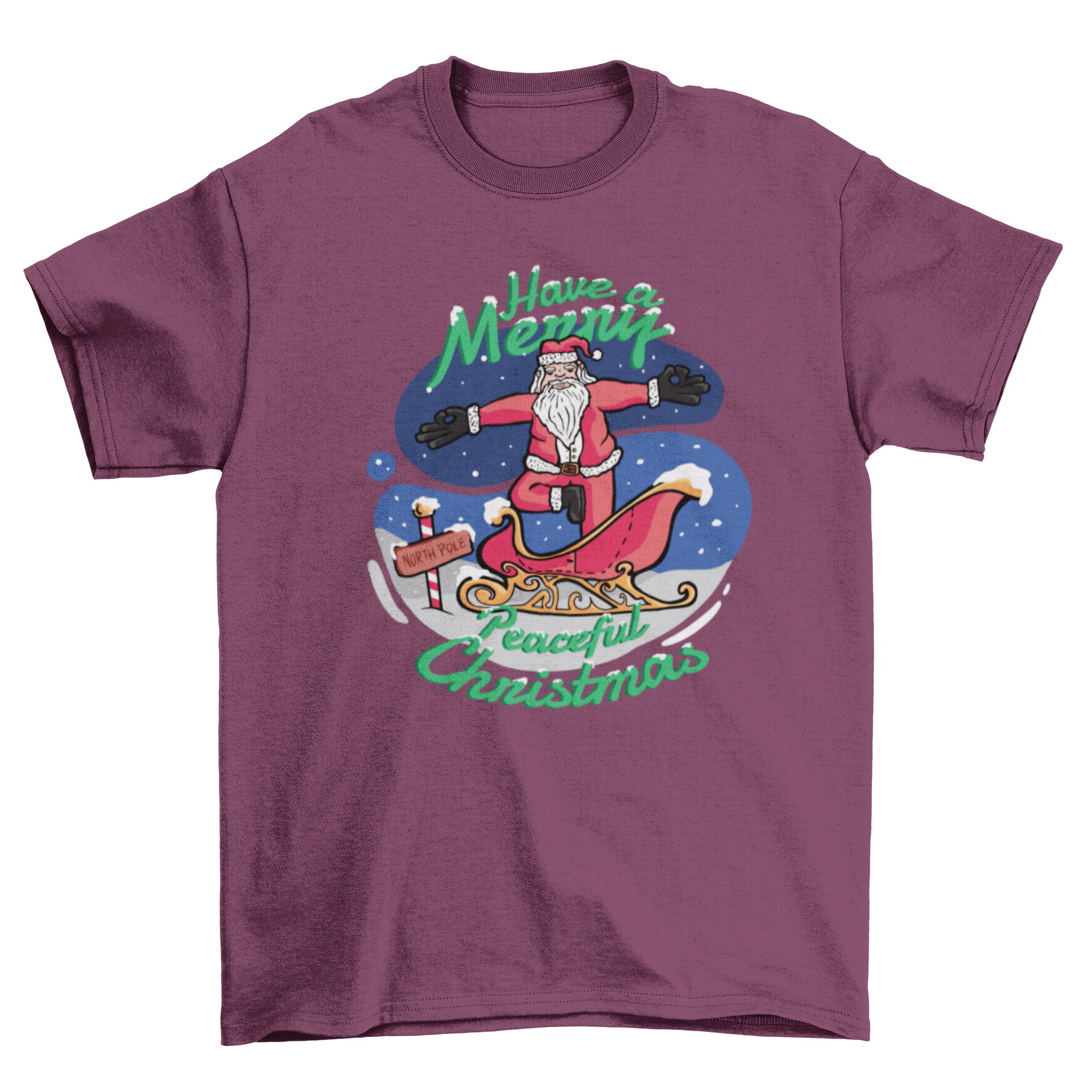 A festive t-shirt featuring Santa Claus in a yoga pose with the text 'Have a merry peaceful Christmas'.