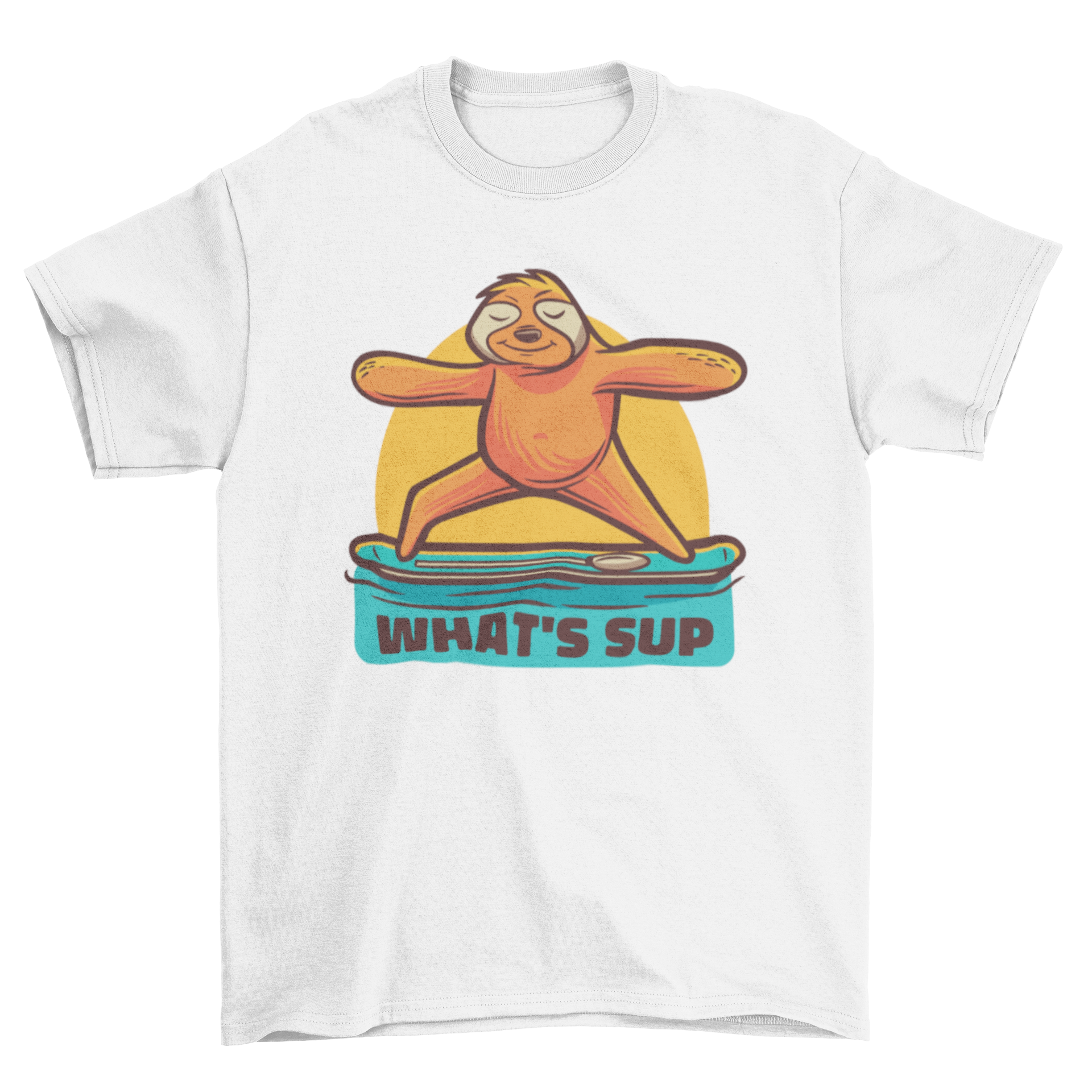 A playful Yoga Sloth T-shirt featuring a sloth in a yoga pose with the quote 'What's sup'.