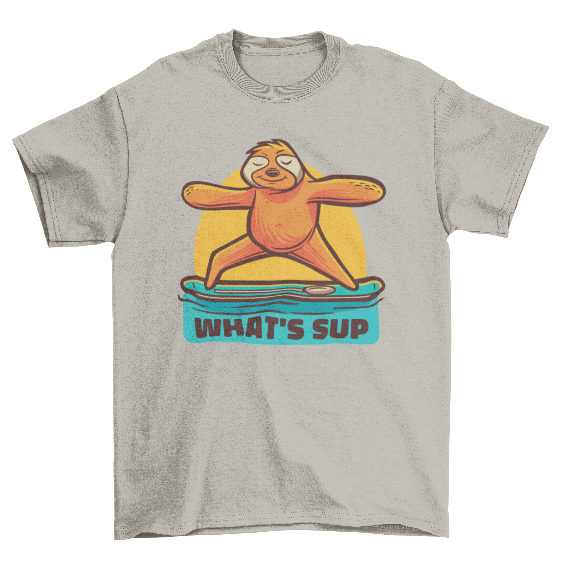 A playful Yoga Sloth T-shirt featuring a sloth in a yoga pose with the quote 'What's sup'.