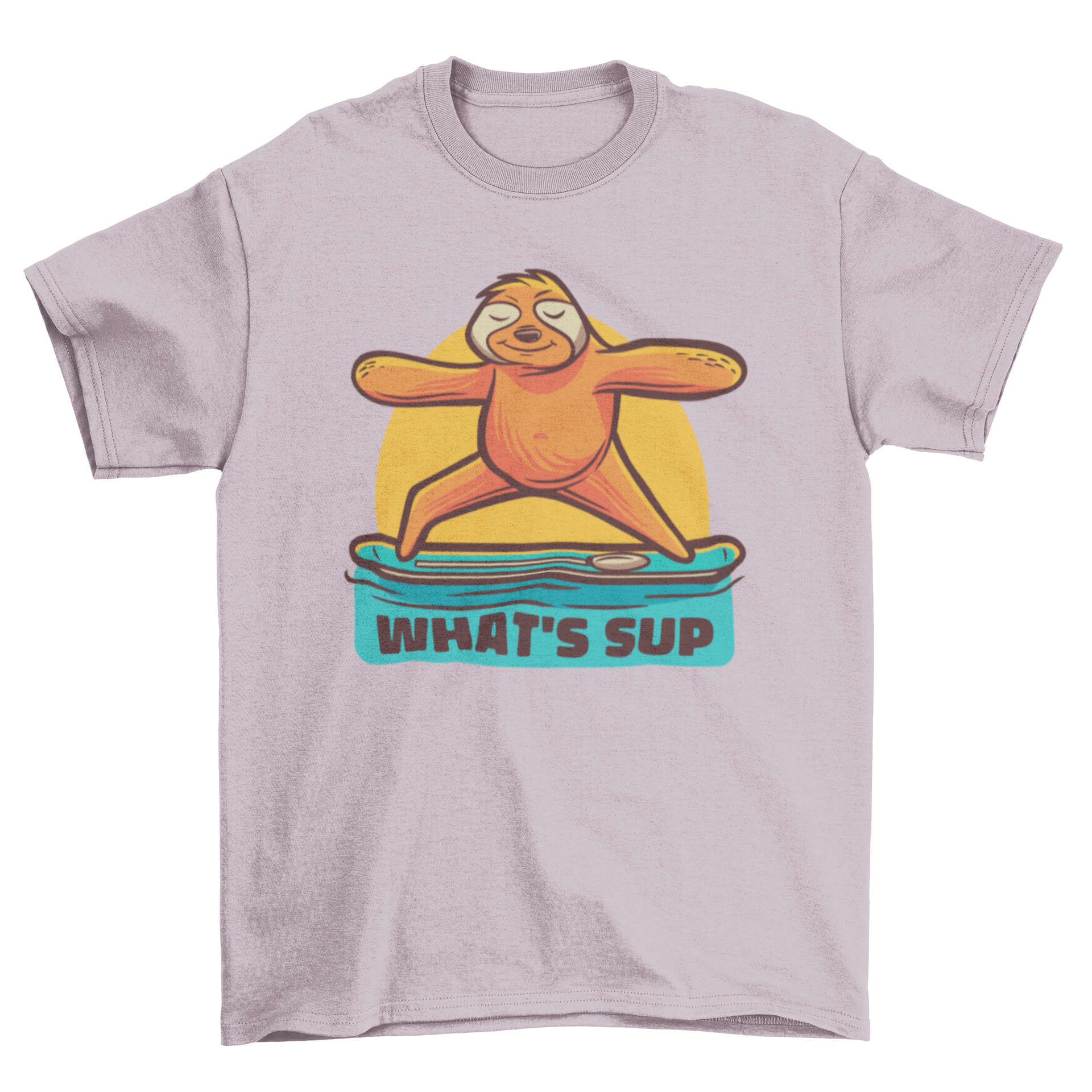 A playful Yoga Sloth T-shirt featuring a sloth in a yoga pose with the quote 'What's sup'.