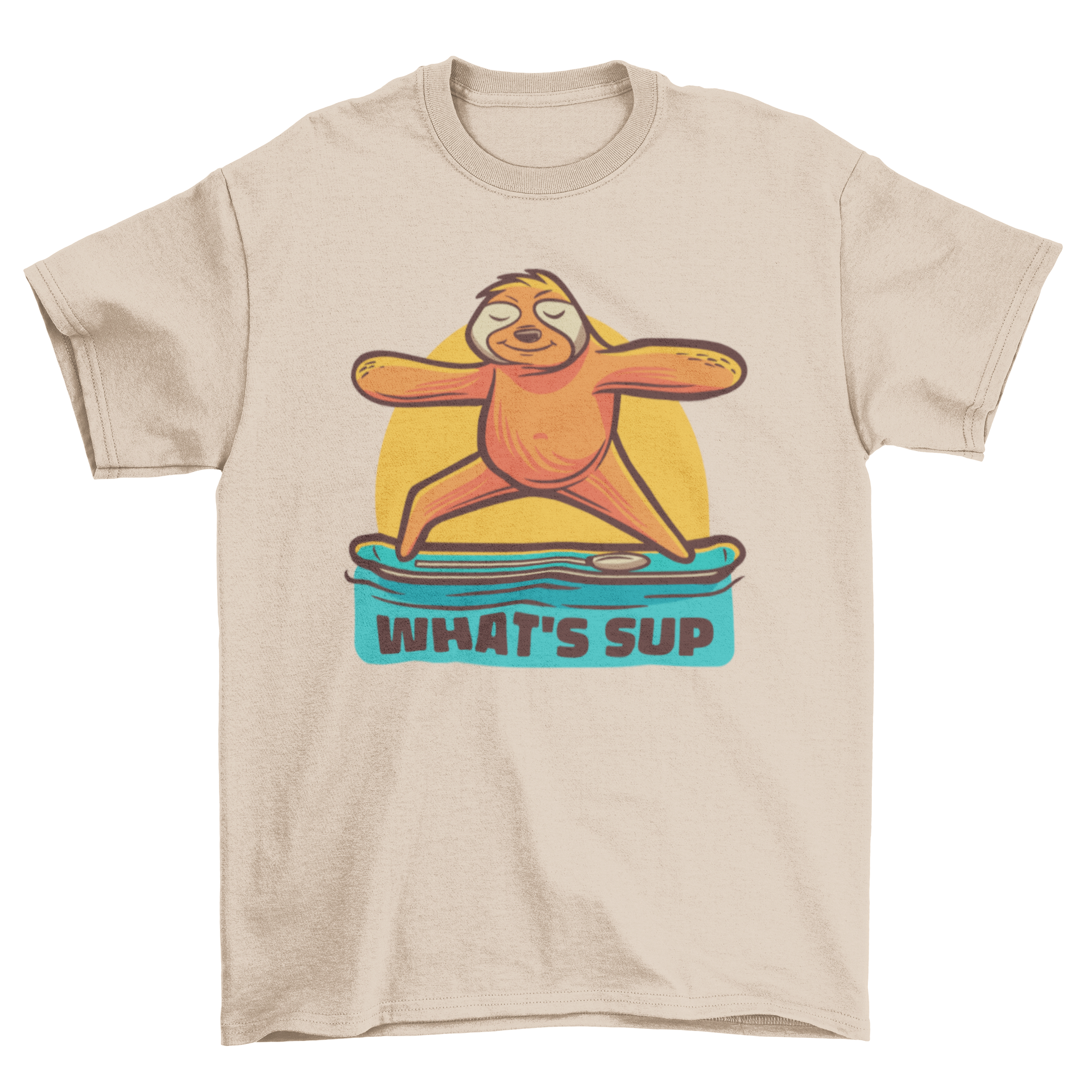 A playful Yoga Sloth T-shirt featuring a sloth in a yoga pose with the quote 'What's sup'.