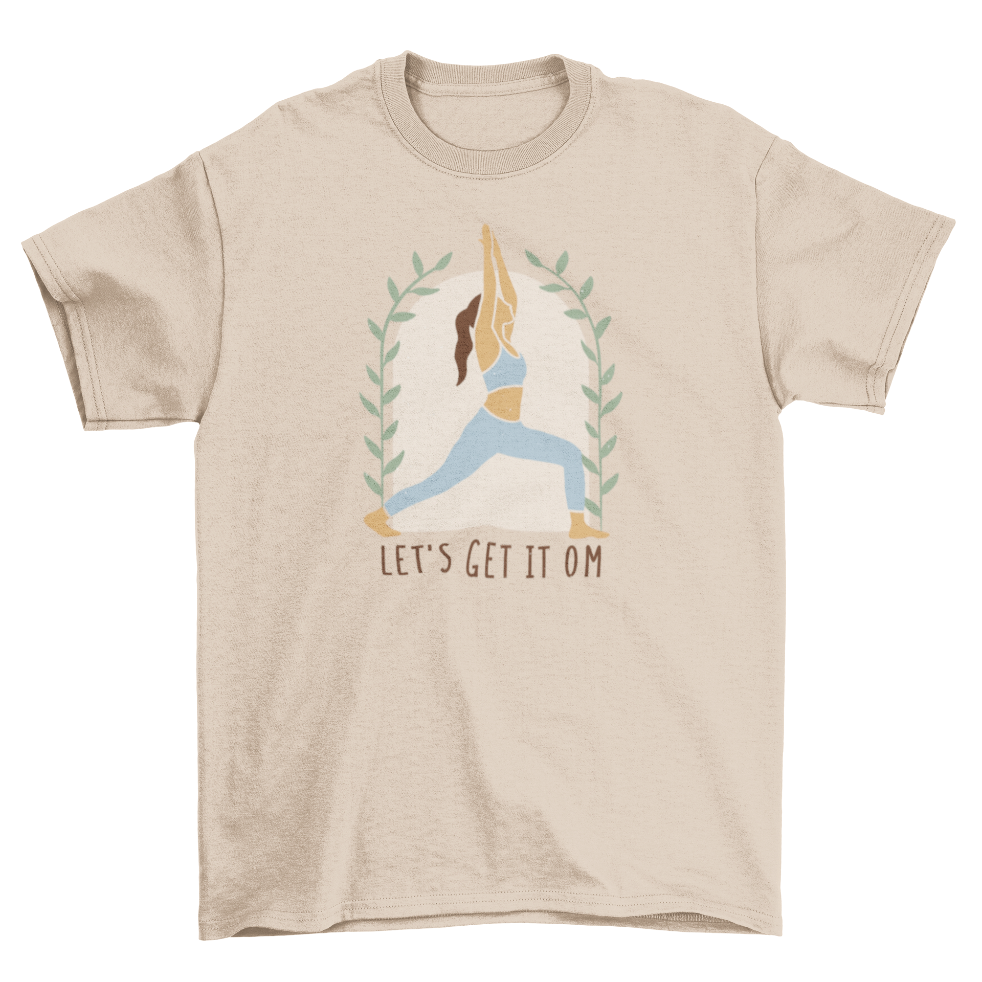 Yoga Woman Om T-Shirt featuring a woman in a yoga pose with the quote 'Let's get it om'.