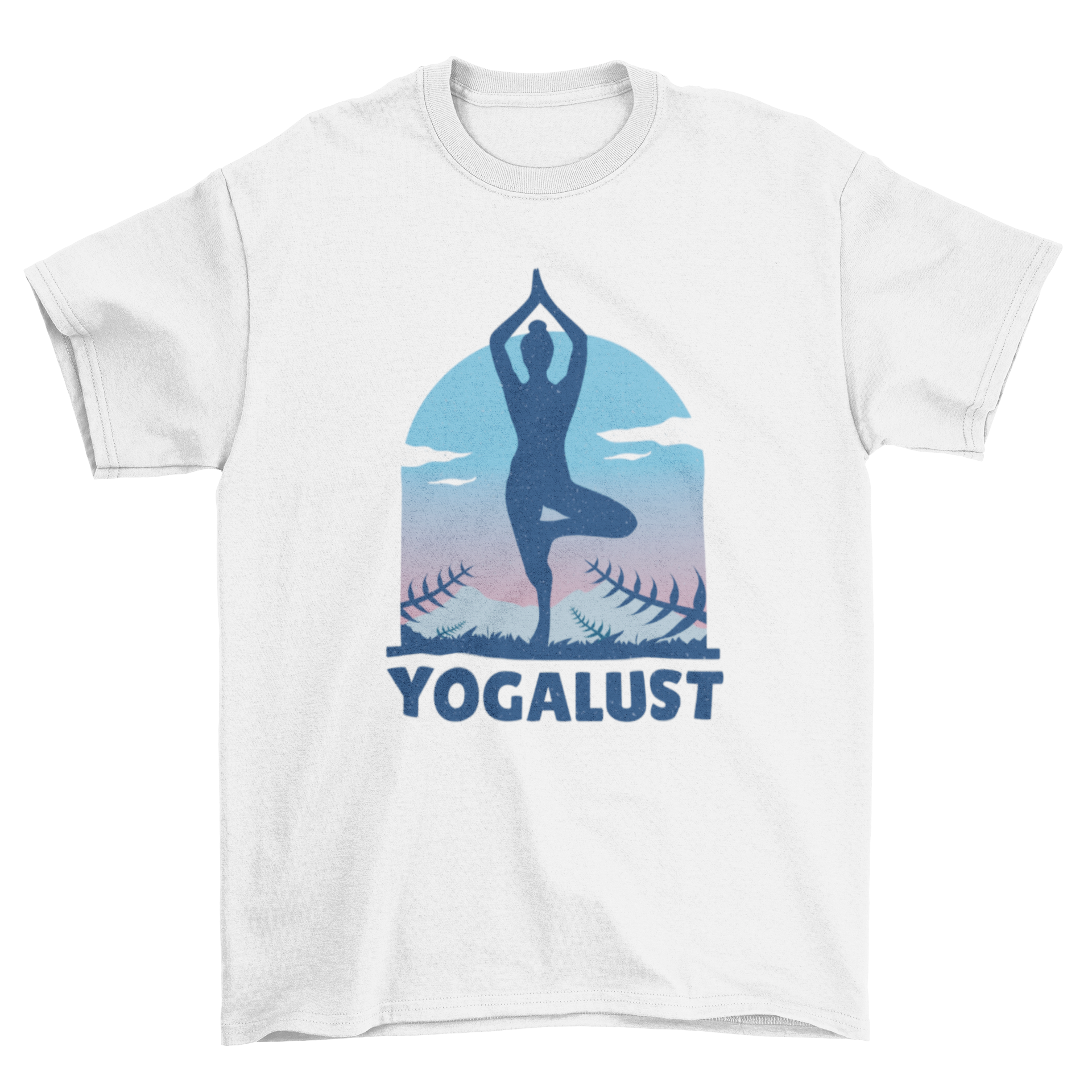 Yogalust Yoga T-shirt featuring a woman in a yoga pose silhouette with the word YOGALUST underneath.