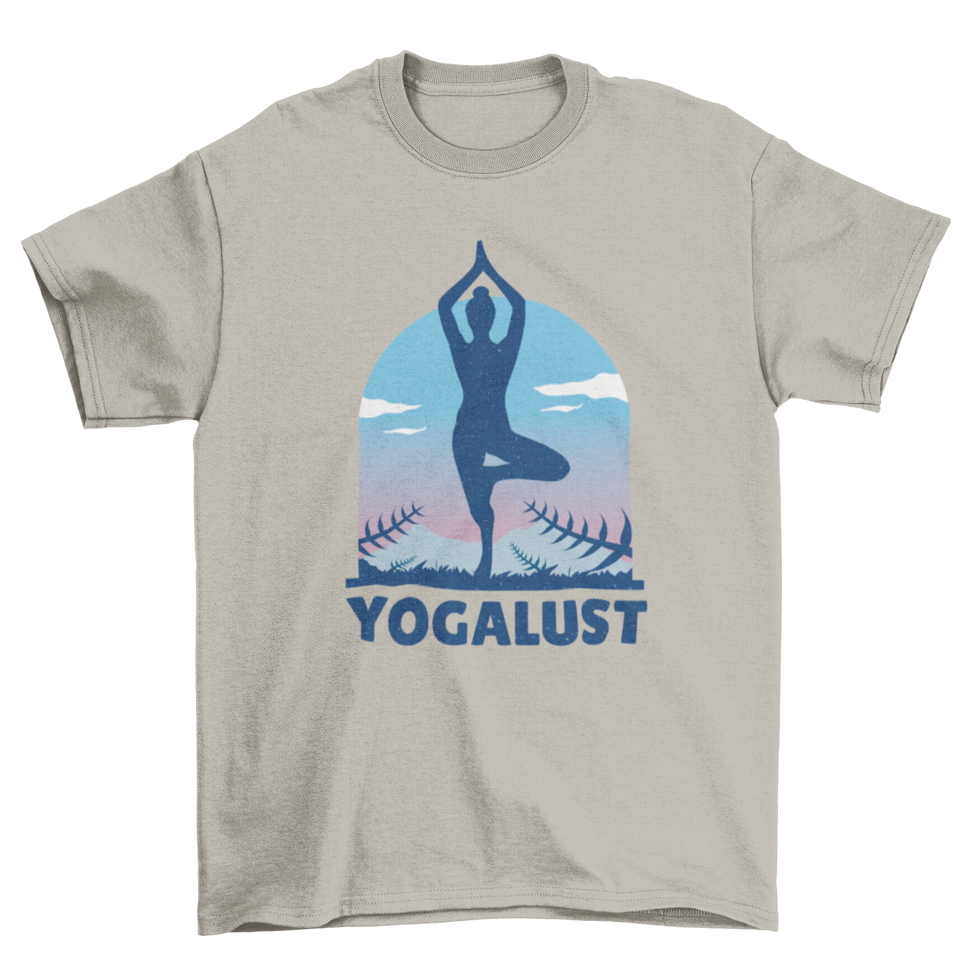 Yogalust Yoga T-shirt featuring a woman in a yoga pose silhouette with the word YOGALUST underneath.