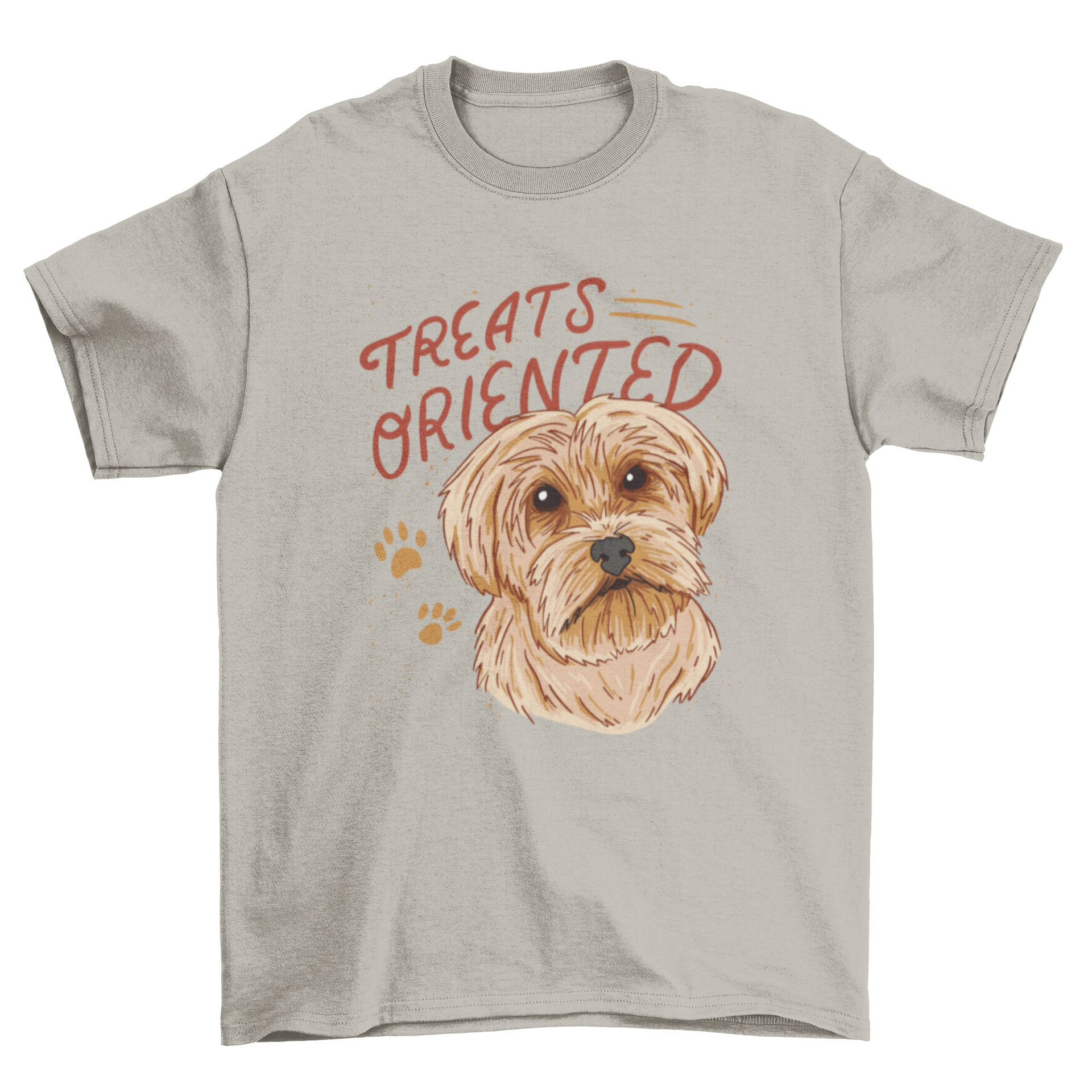 A cute t-shirt featuring a Yorkshire terrier dog with the quote 'Treats Oriented', showcasing the playful spirit of the breed.