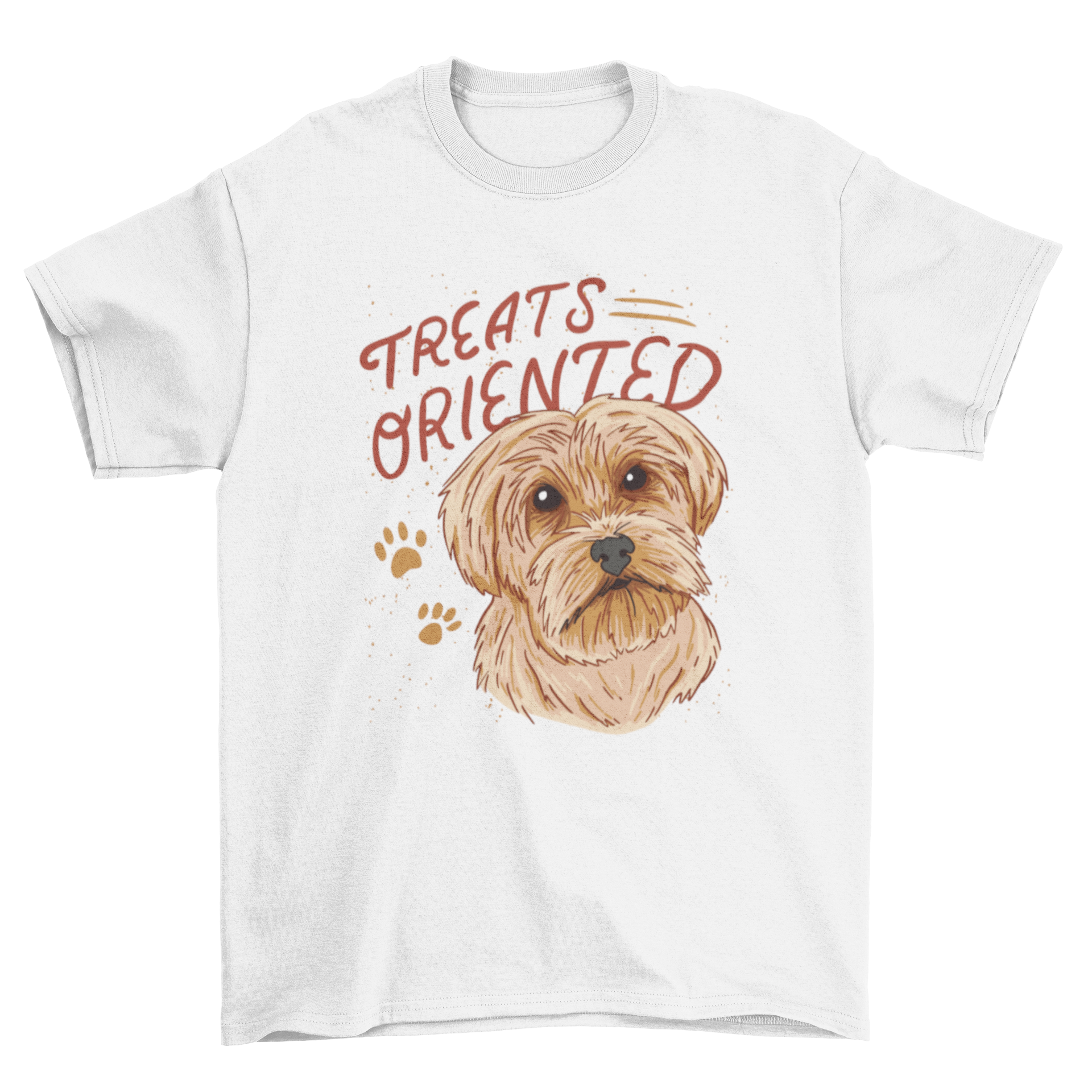 A cute t-shirt featuring a Yorkshire terrier dog with the quote 'Treats Oriented', showcasing the playful spirit of the breed.