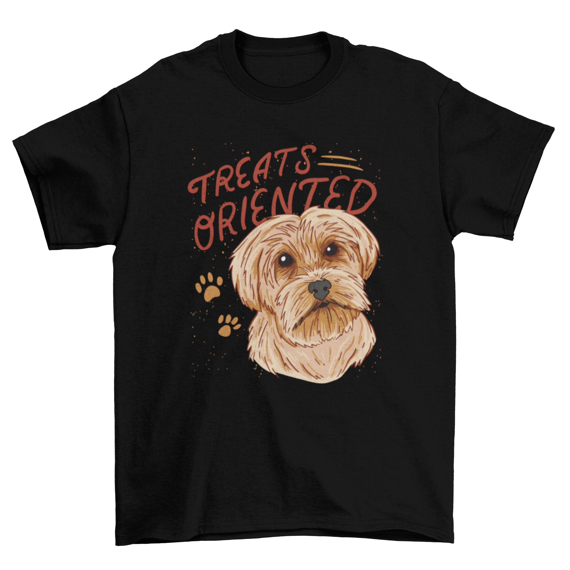 A cute t-shirt featuring a Yorkshire terrier dog with the quote 'Treats Oriented', showcasing the playful spirit of the breed.