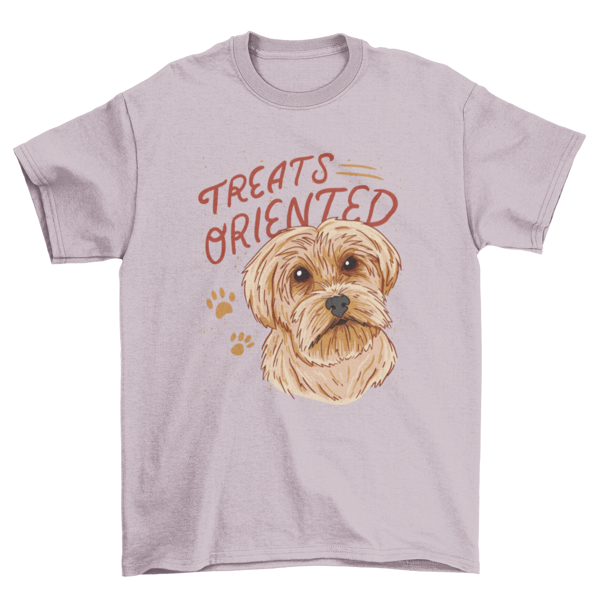 A cute t-shirt featuring a Yorkshire terrier dog with the quote 'Treats Oriented', showcasing the playful spirit of the breed.