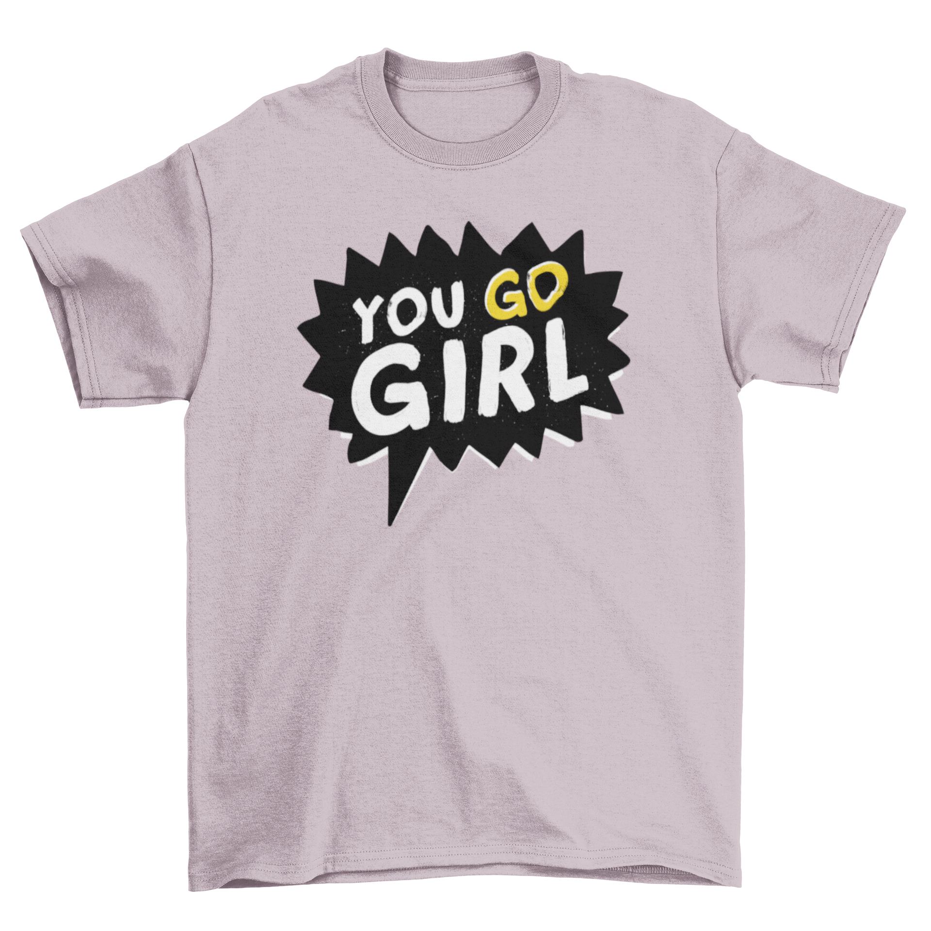 A vibrant pop art feminist t-shirt featuring the phrase 'You Go Girl' in a sharp-edged speech bubble, showcasing empowerment and style.