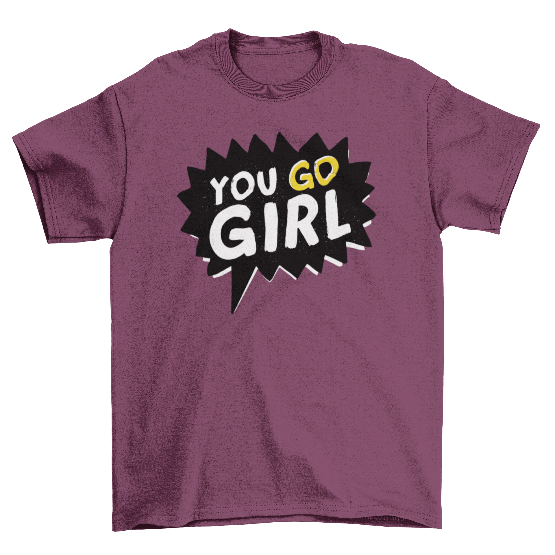 A vibrant pop art feminist t-shirt featuring the phrase 'You Go Girl' in a sharp-edged speech bubble, showcasing empowerment and style.