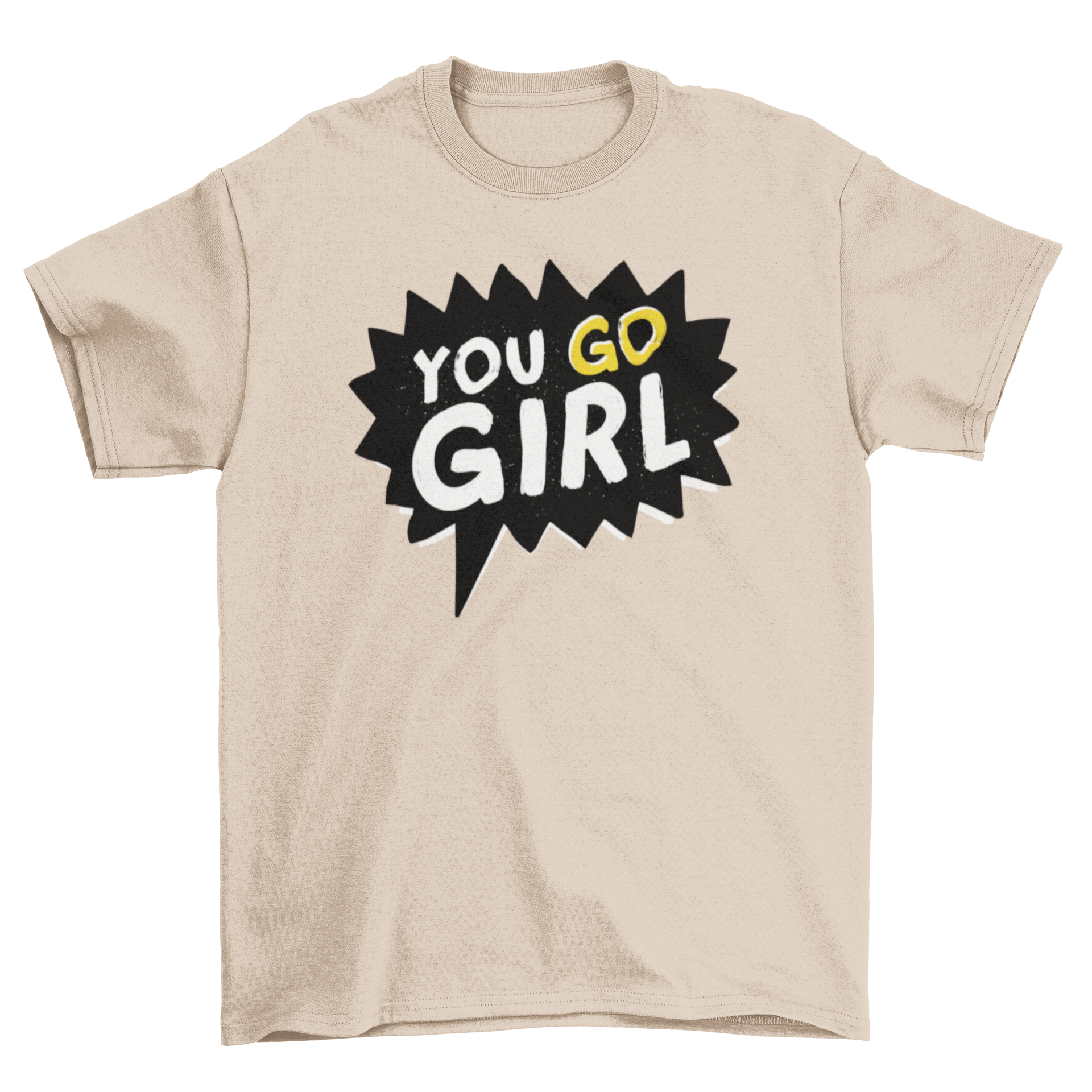 A vibrant pop art feminist t-shirt featuring the phrase 'You Go Girl' in a sharp-edged speech bubble, showcasing empowerment and style.