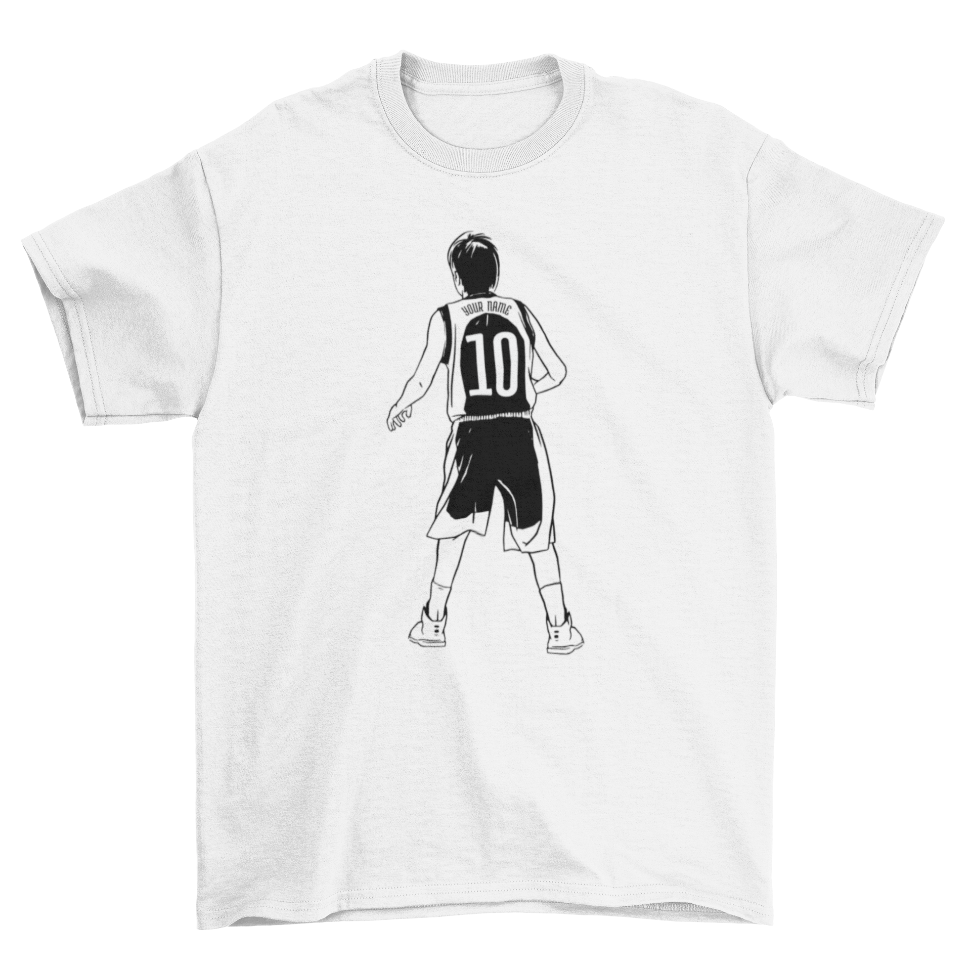 Young basketball player number 10 game t-shirt featuring a hand-drawn design of a player with his back turned.