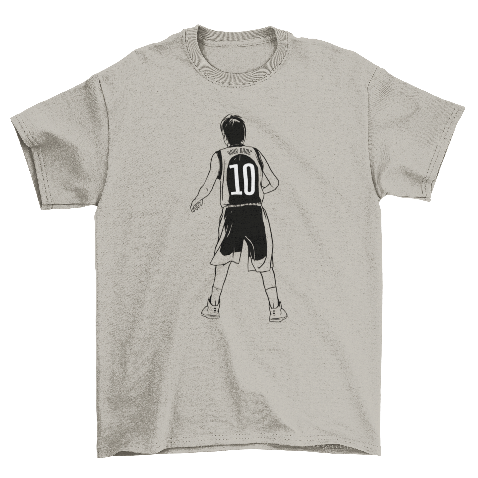 Young basketball player number 10 game t-shirt featuring a hand-drawn design of a player with his back turned.