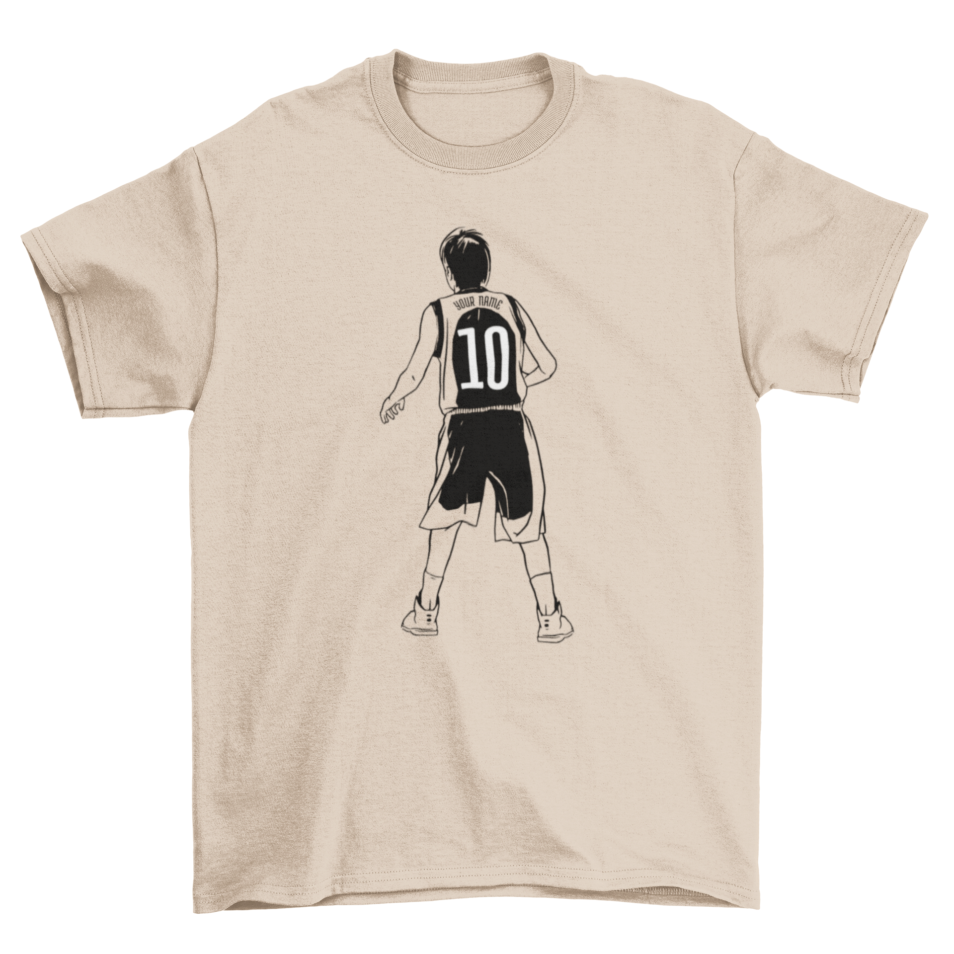 Young basketball player number 10 game t-shirt featuring a hand-drawn design of a player with his back turned.