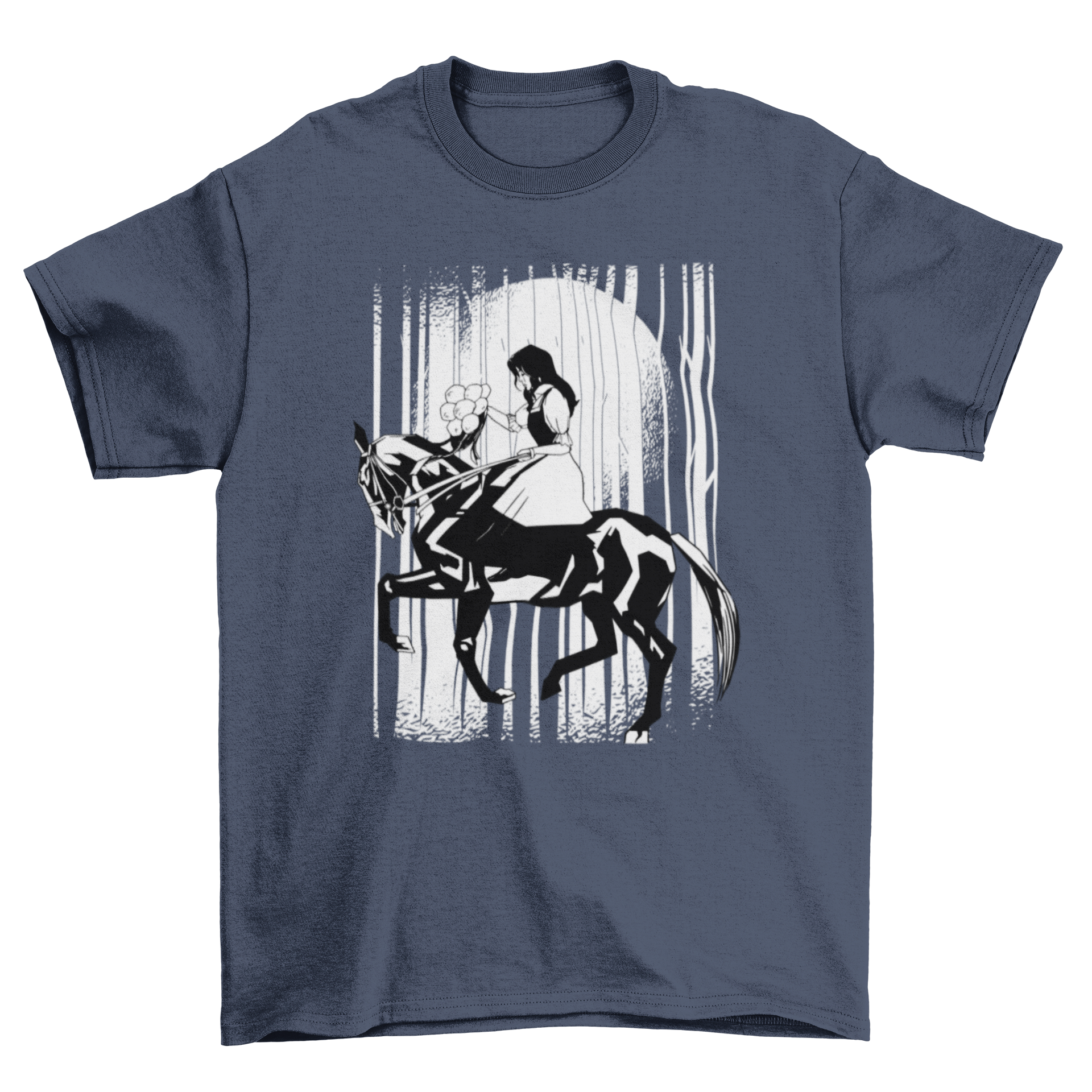 A stylish t-shirt featuring a young woman riding a black horse, showcasing equestrian passion.