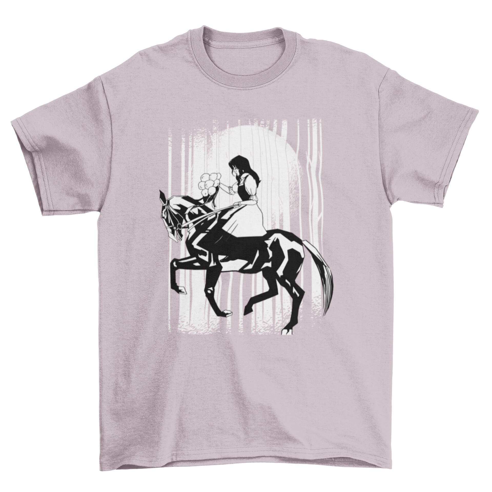 A stylish t-shirt featuring a young woman riding a black horse, showcasing equestrian passion.