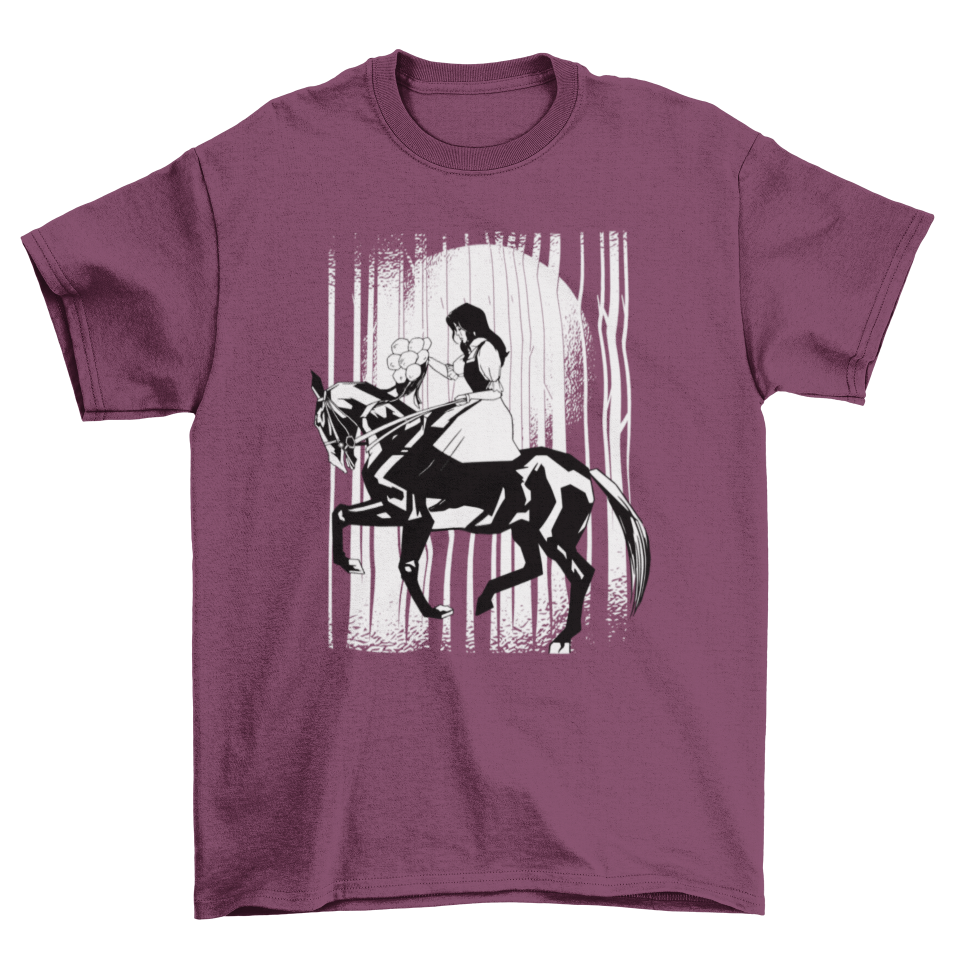 A stylish t-shirt featuring a young woman riding a black horse, showcasing equestrian passion.