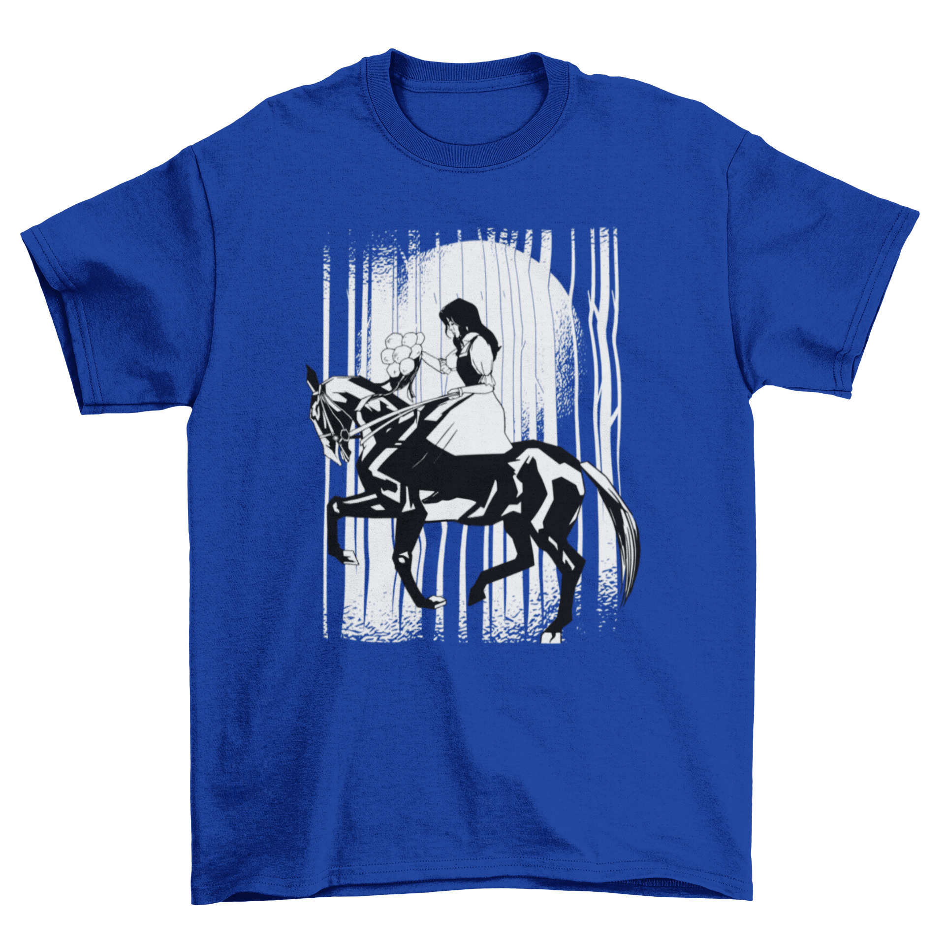 A stylish t-shirt featuring a young woman riding a black horse, showcasing equestrian passion.