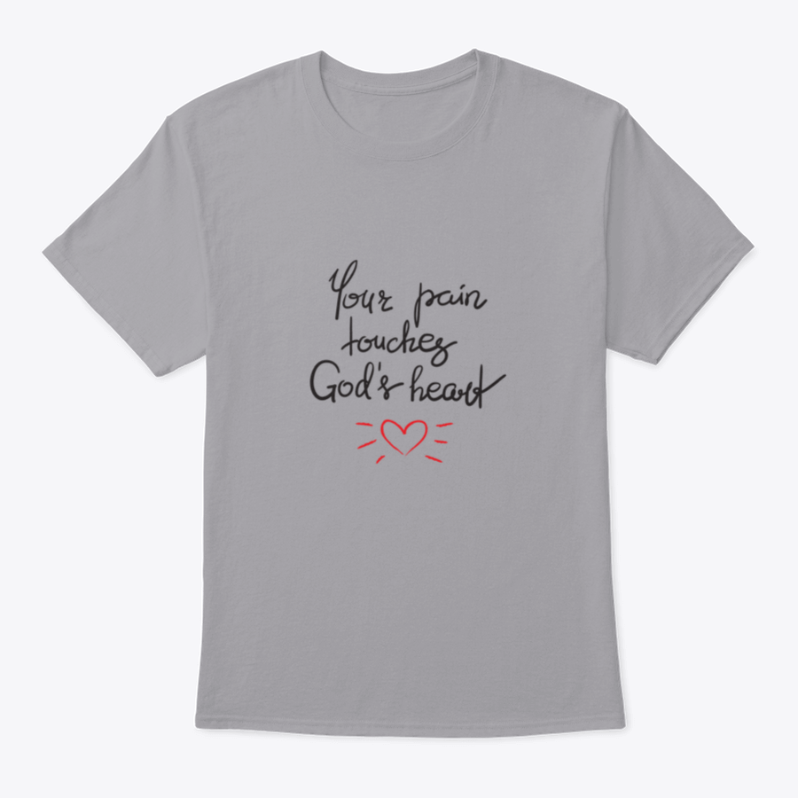 A stylish cotton shirt featuring the motivational quote 'Your Pain Touches God's Heart' in elegant lettering, perfect for religious individuals.