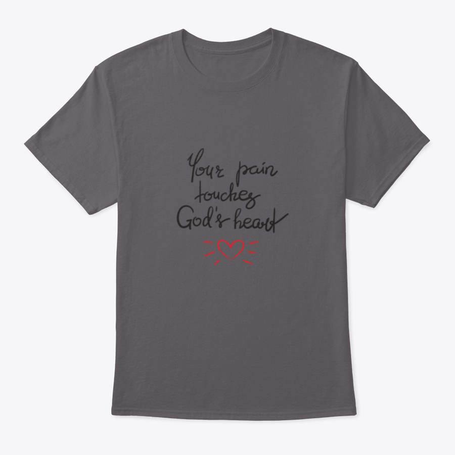 A stylish cotton shirt featuring the motivational quote 'Your Pain Touches God's Heart' in elegant lettering, perfect for religious individuals.