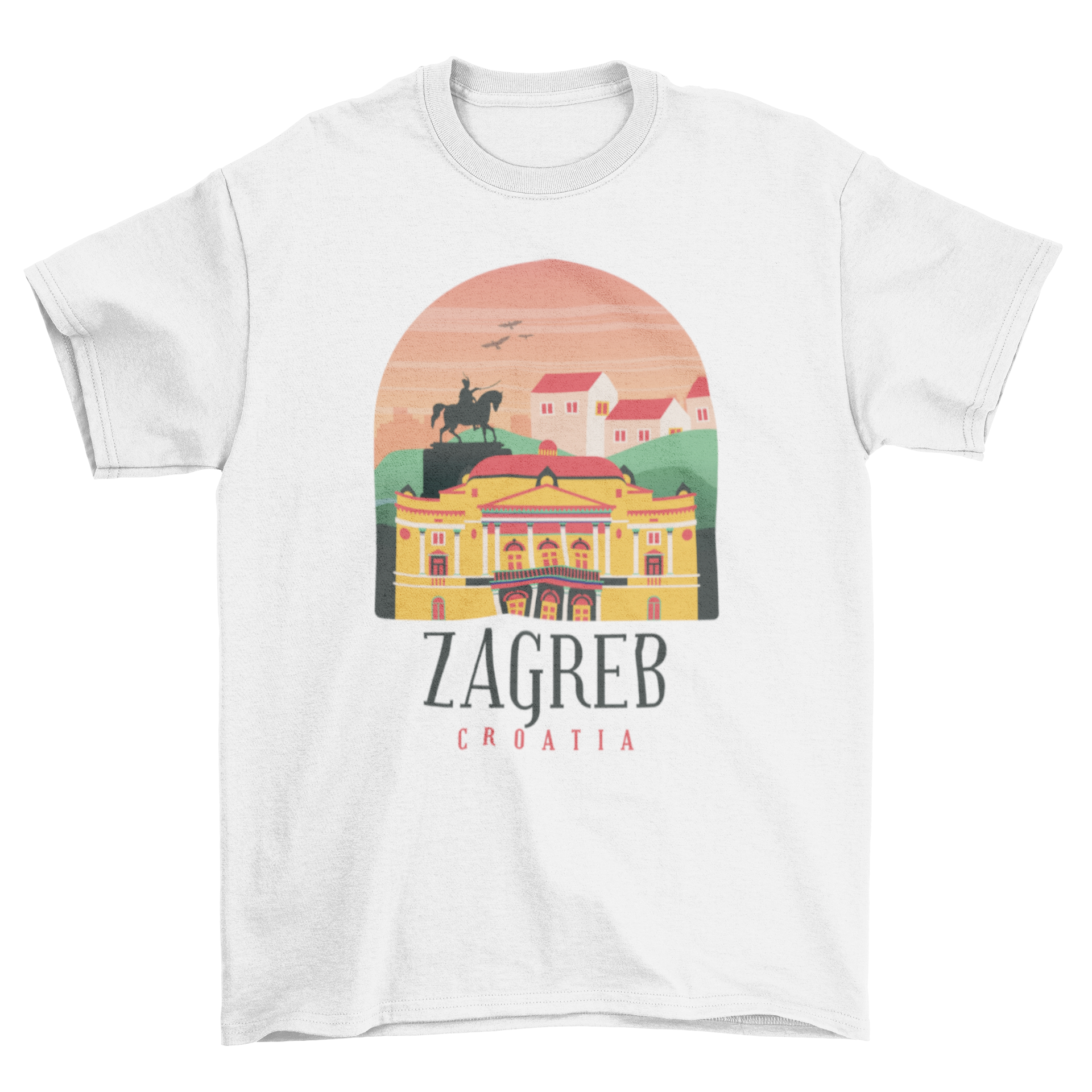 Zagreb Croatia T-shirt featuring iconic Zagreb landmarks and the text 'ZAGREB CROATIA'.