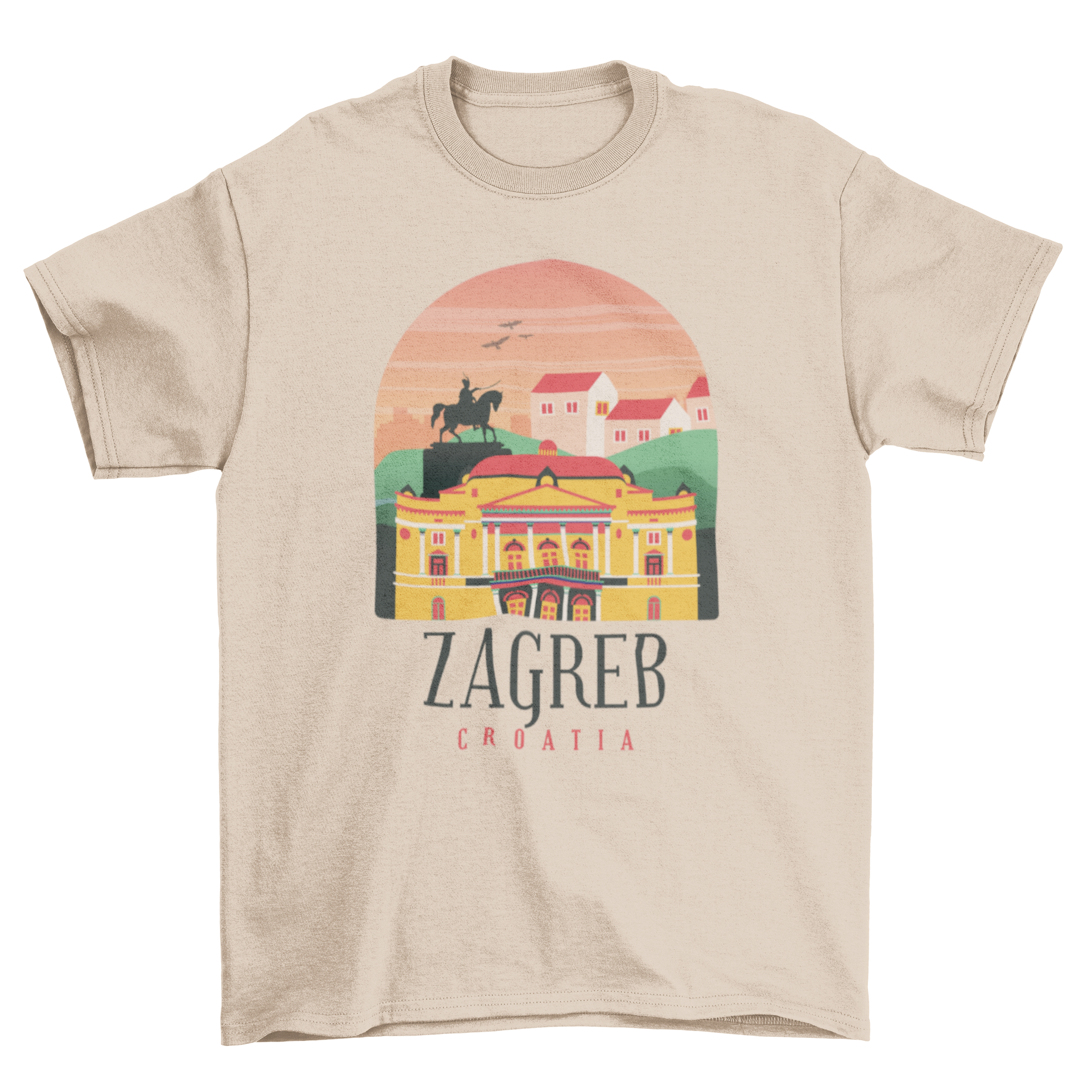 Zagreb Croatia T-shirt featuring iconic Zagreb landmarks and the text 'ZAGREB CROATIA'.