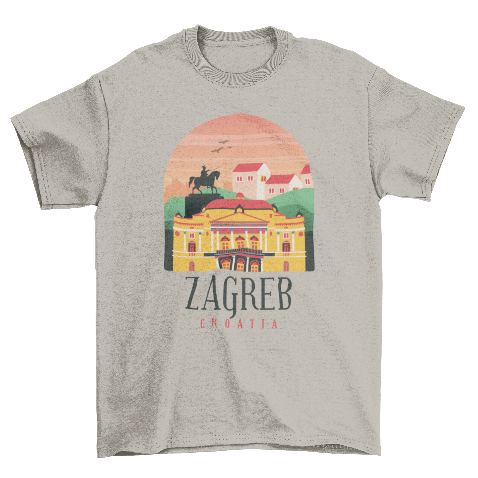 Zagreb Croatia T-shirt featuring iconic Zagreb landmarks and the text 'ZAGREB CROATIA'.