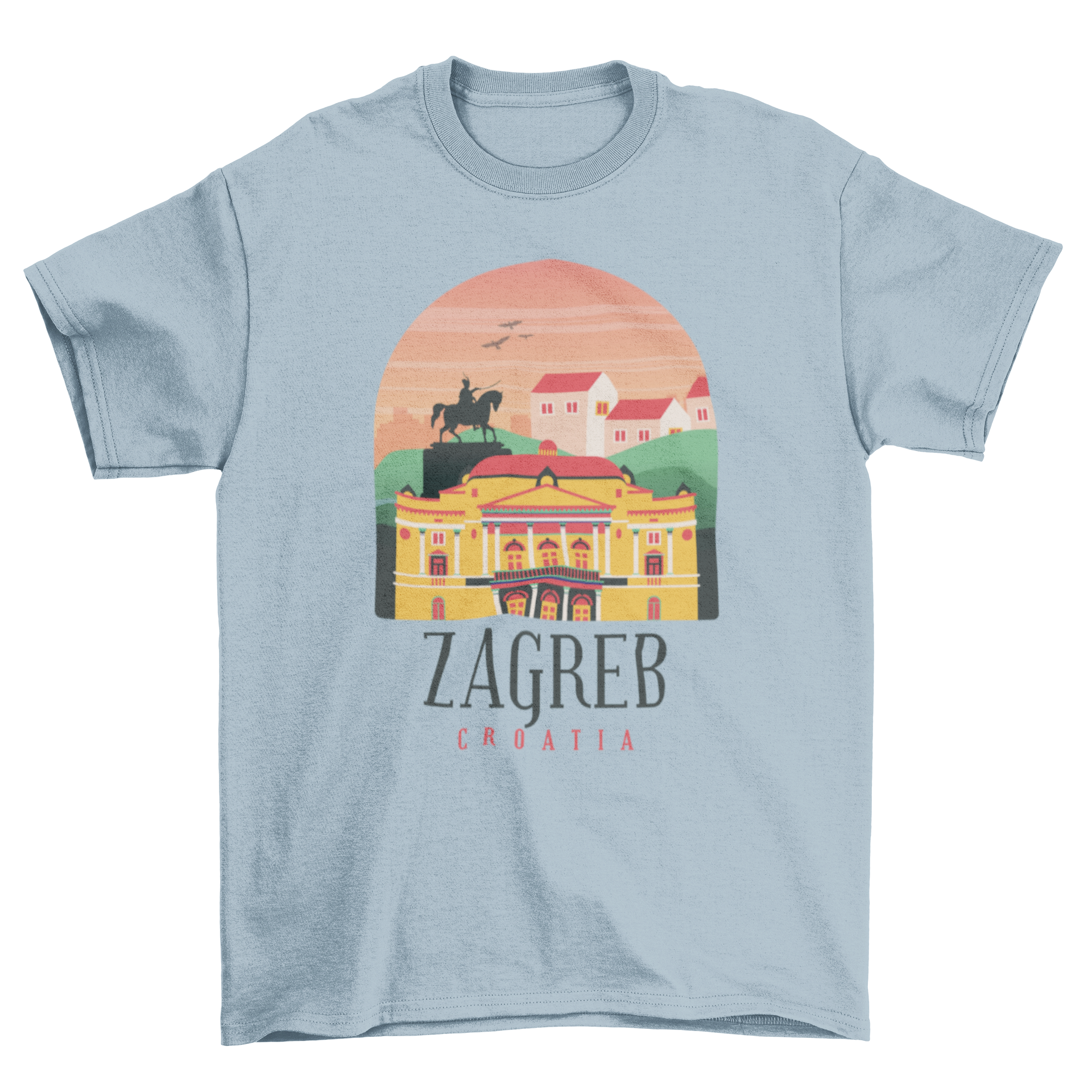 Zagreb Croatia T-shirt featuring iconic Zagreb landmarks and the text 'ZAGREB CROATIA'.