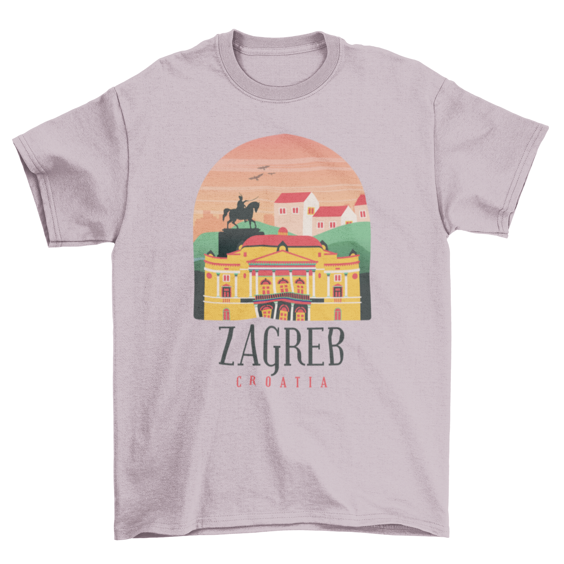 Zagreb Croatia T-shirt featuring iconic Zagreb landmarks and the text 'ZAGREB CROATIA'.