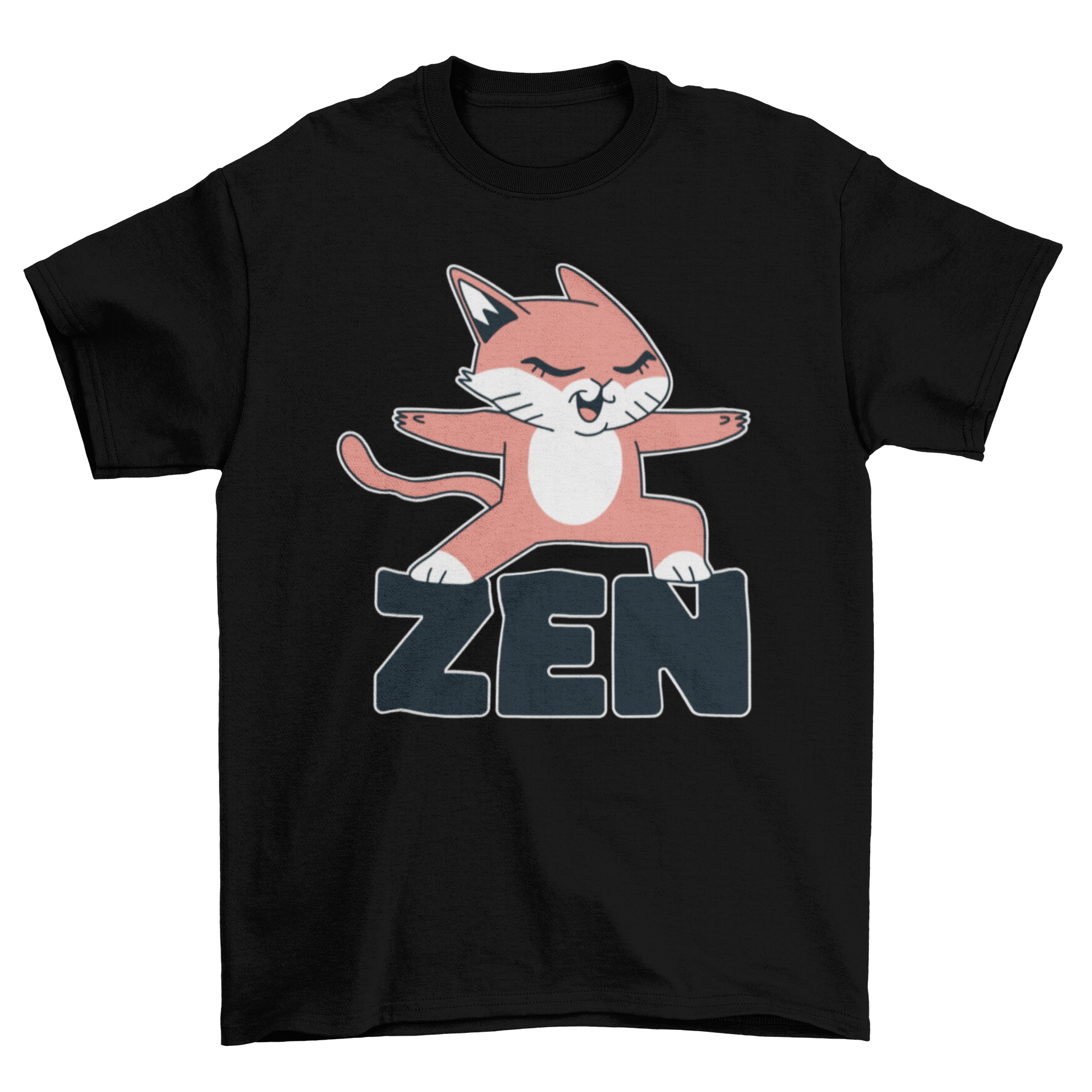 A cute t-shirt featuring a cat in a yoga warrior pose with the word 'Zen'.