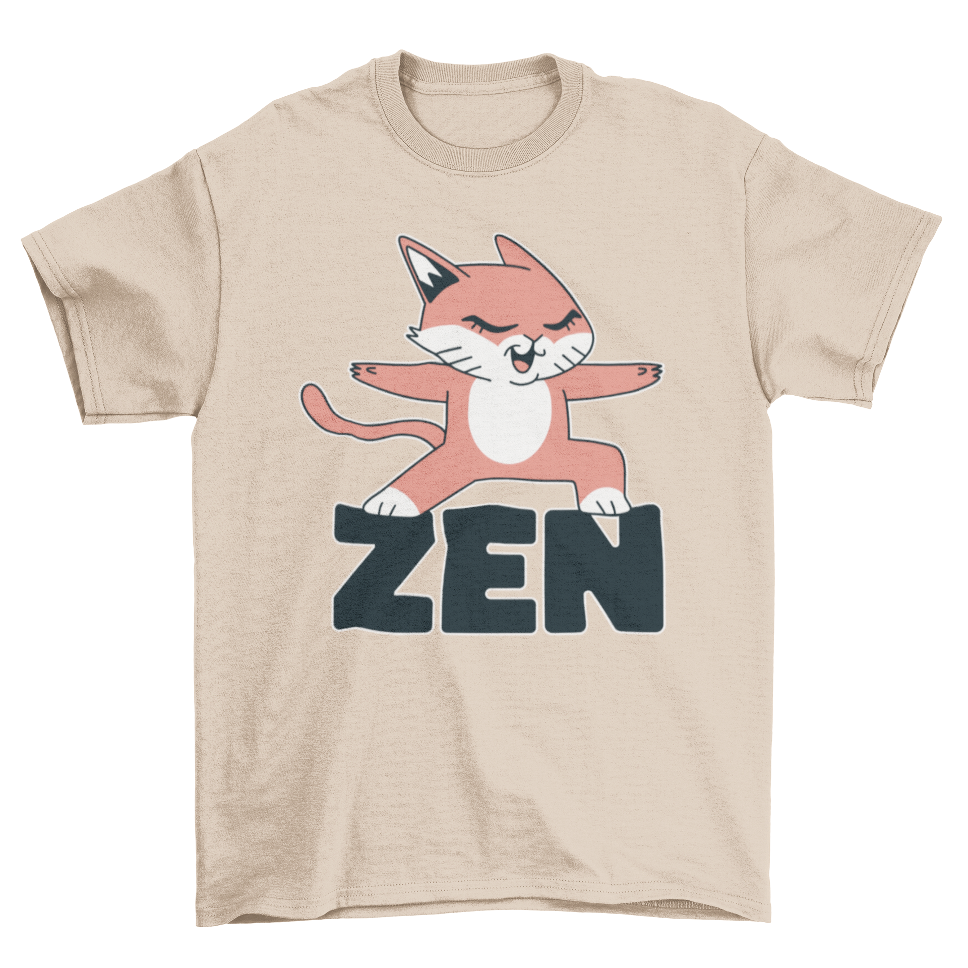 A cute t-shirt featuring a cat in a yoga warrior pose with the word 'Zen'.